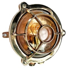 1960's German Cast Brass Circular Bulkhead Light - Bullseye Cage & Glass Shade