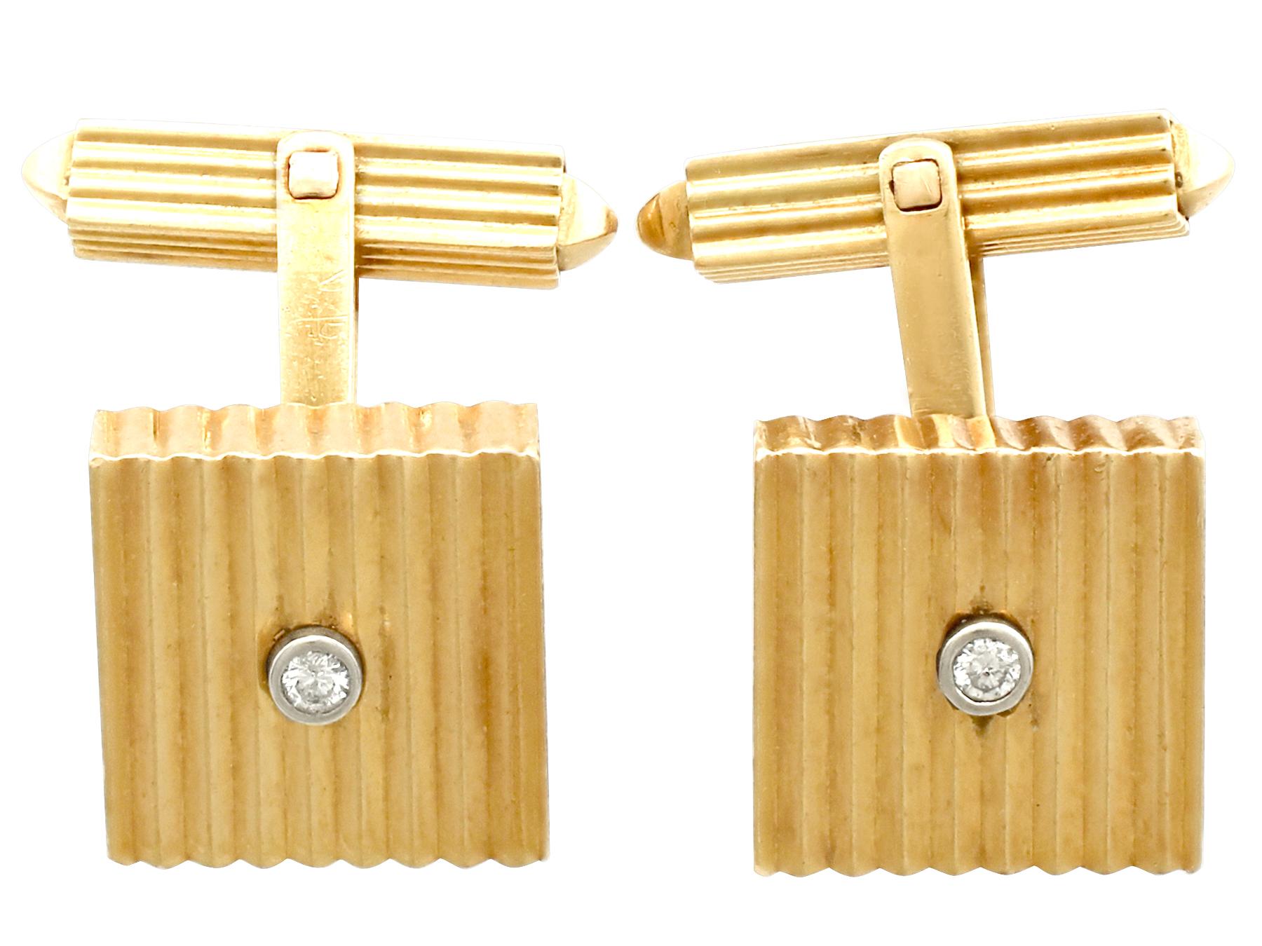 A fine and impressive pair of vintage German 0.06 carat diamond and 18 karat yellow gold cufflinks in the Art Deco style; an addition our vintage jewelry/estate jewelry collections.

These impressive vintage cufflinks have been crafted in 18k yellow