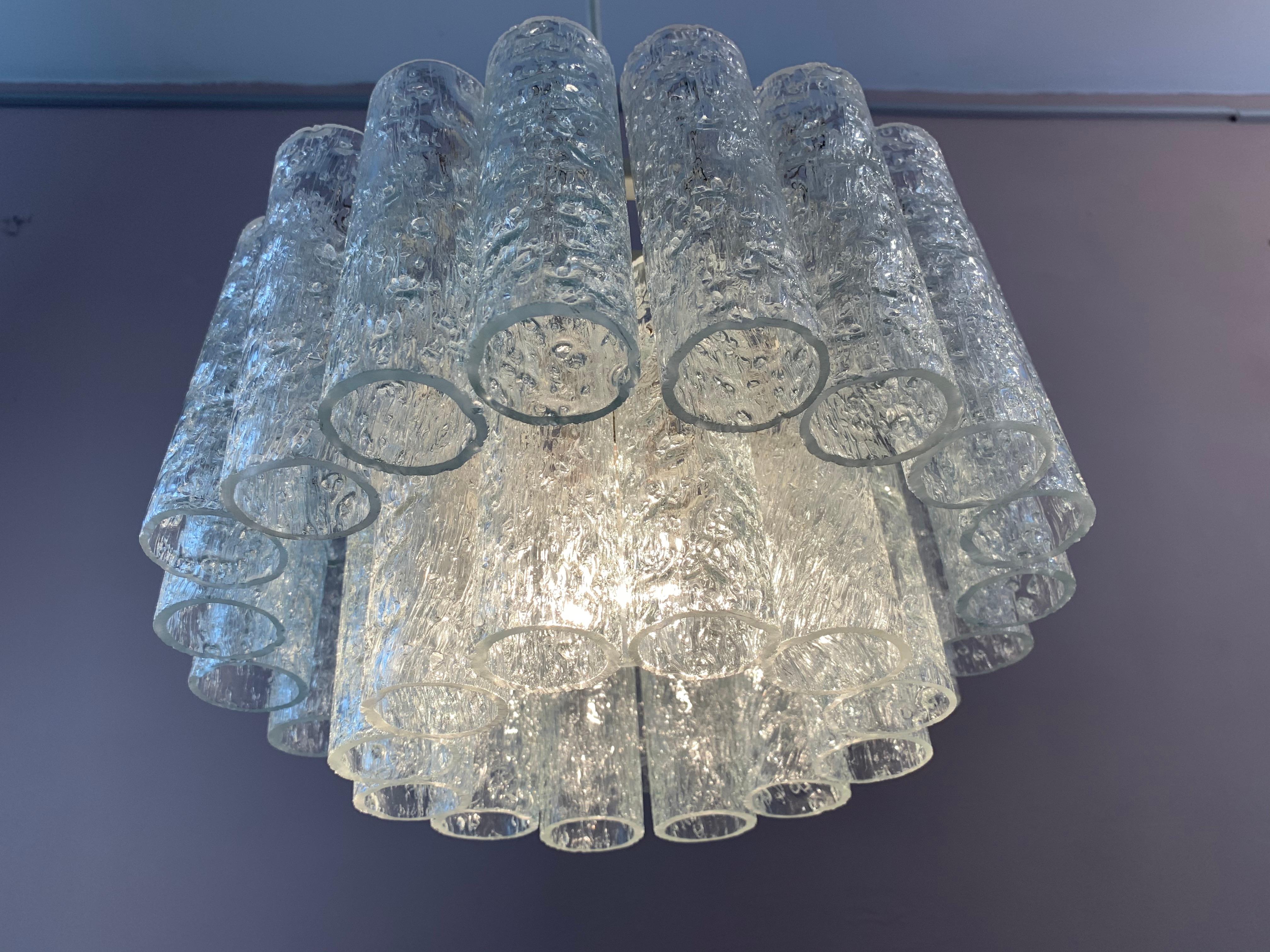Mid-Century Modern 1960s German Doria Leuchten Crystal Glass Two-Tier Tubular Chandelier