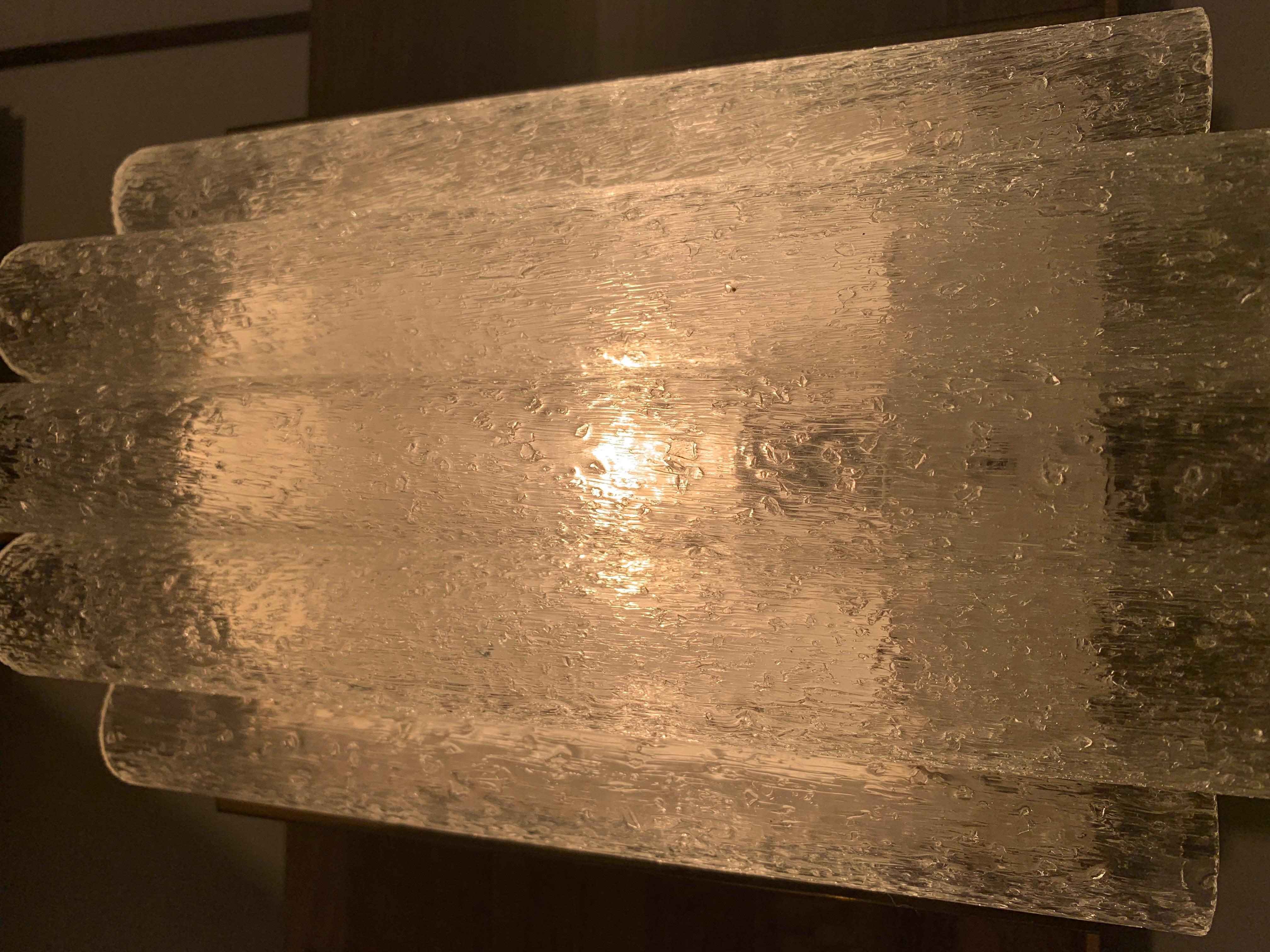 1960s German Doria Leuchten Ice Frosted Tubular Glass & Brass Wall Sconce 4