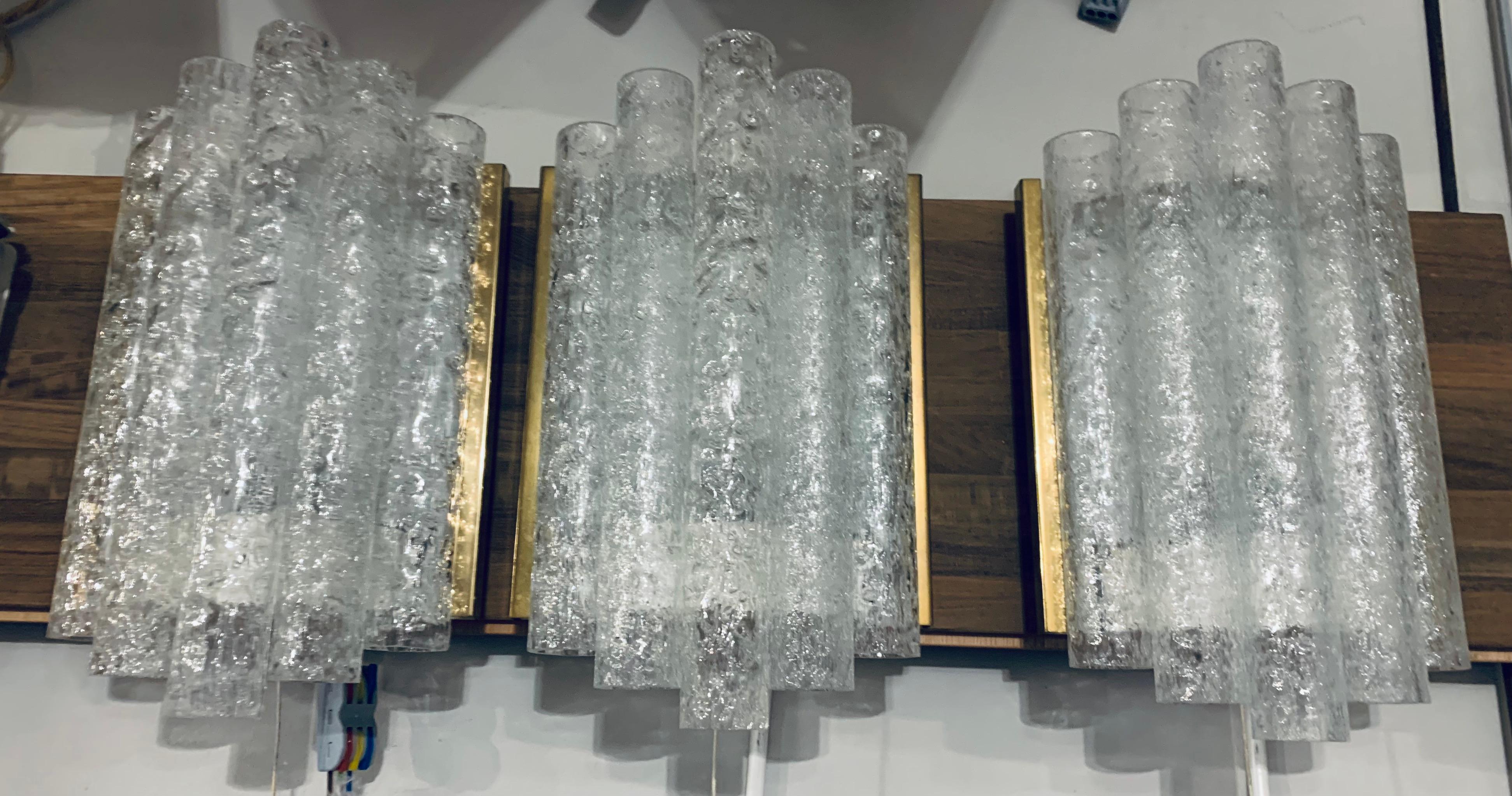 1960s German Doria Leuchten Ice Frosted Tubular Glass & Brass Wall Sconce 5