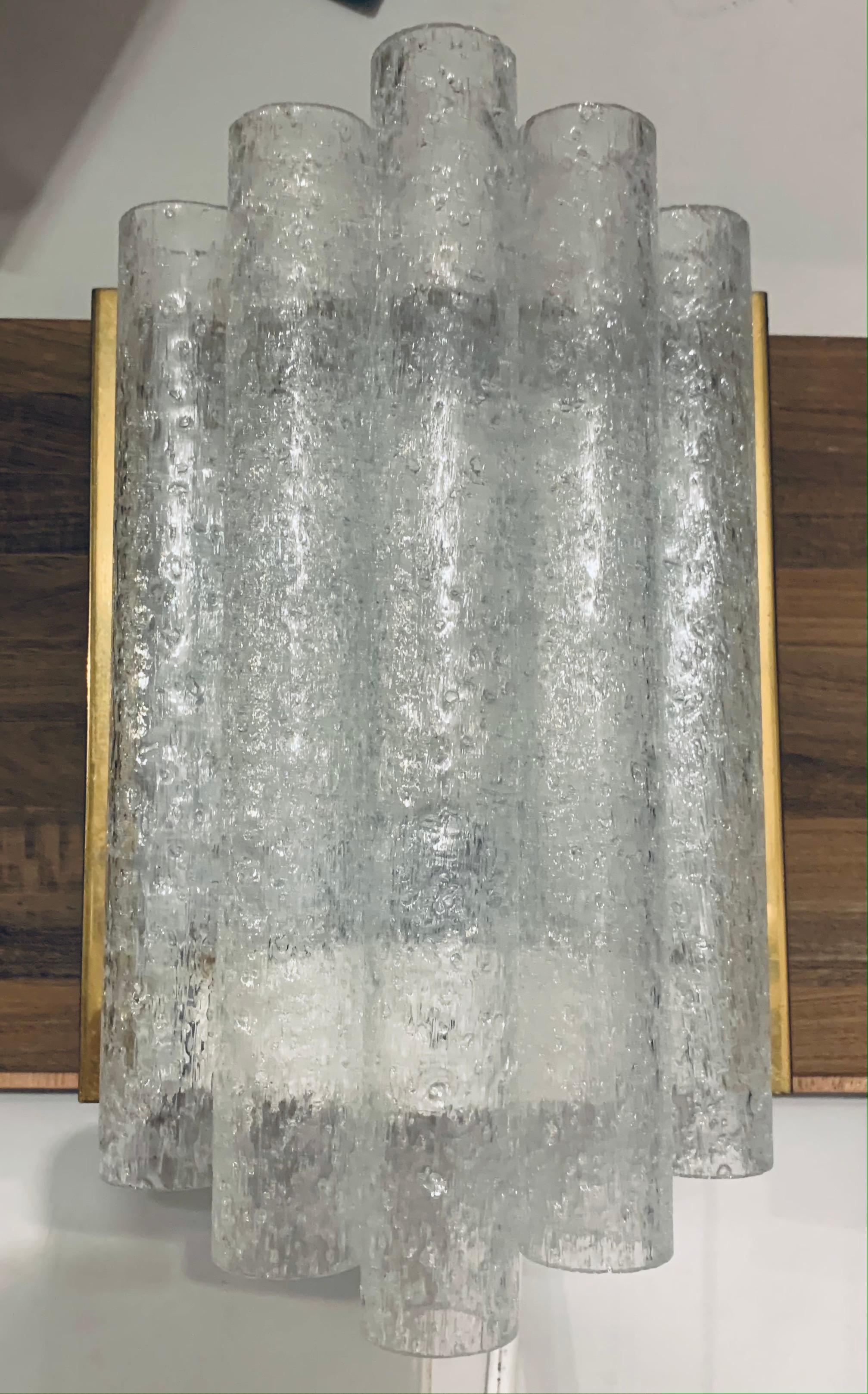 1960s German Doria Leuchten Ice Frosted Tubular Glass & Brass Wall Sconce 7