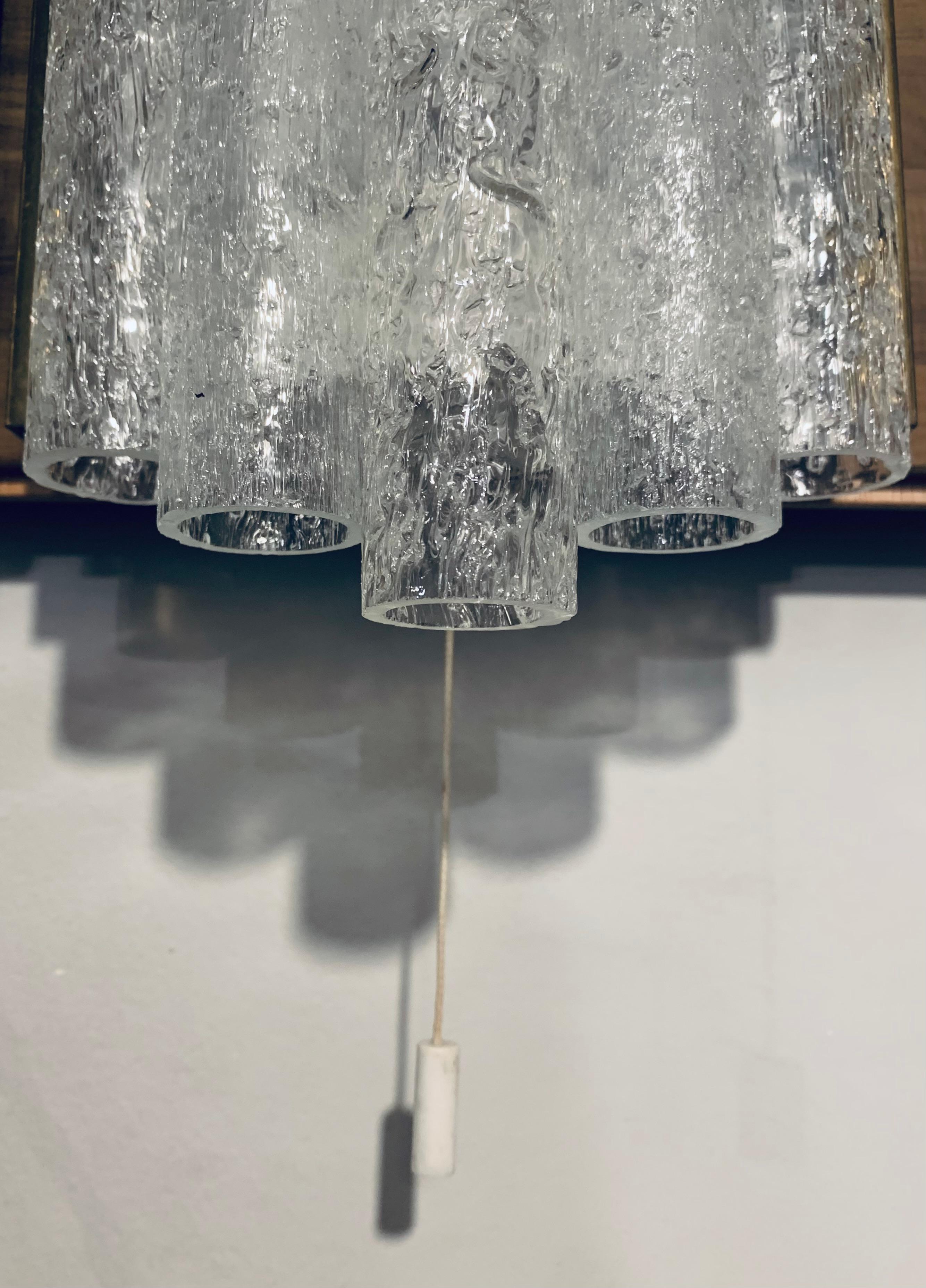1960s German Doria Leuchten Ice Frosted Tubular Glass & Brass Wall Sconce 8