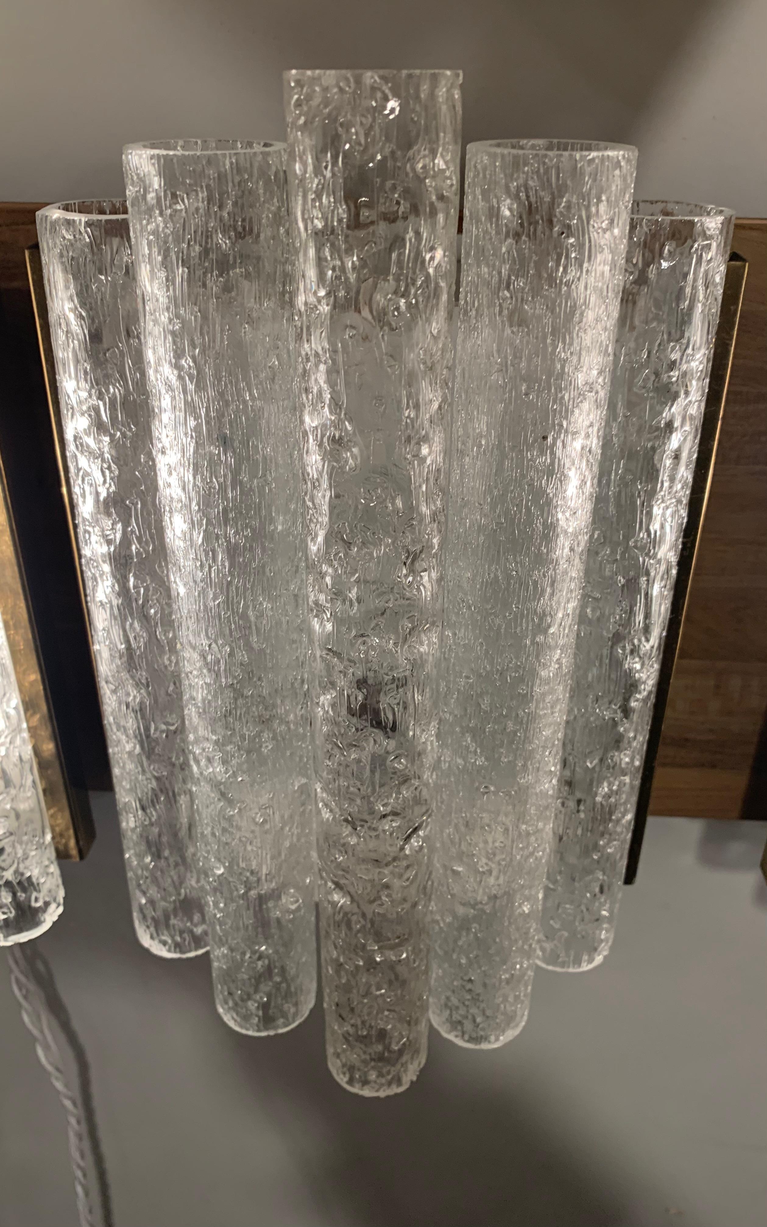 1960s German Doria Leuchten Ice Frosted Tubular Glass & Brass Wall Sconce 13