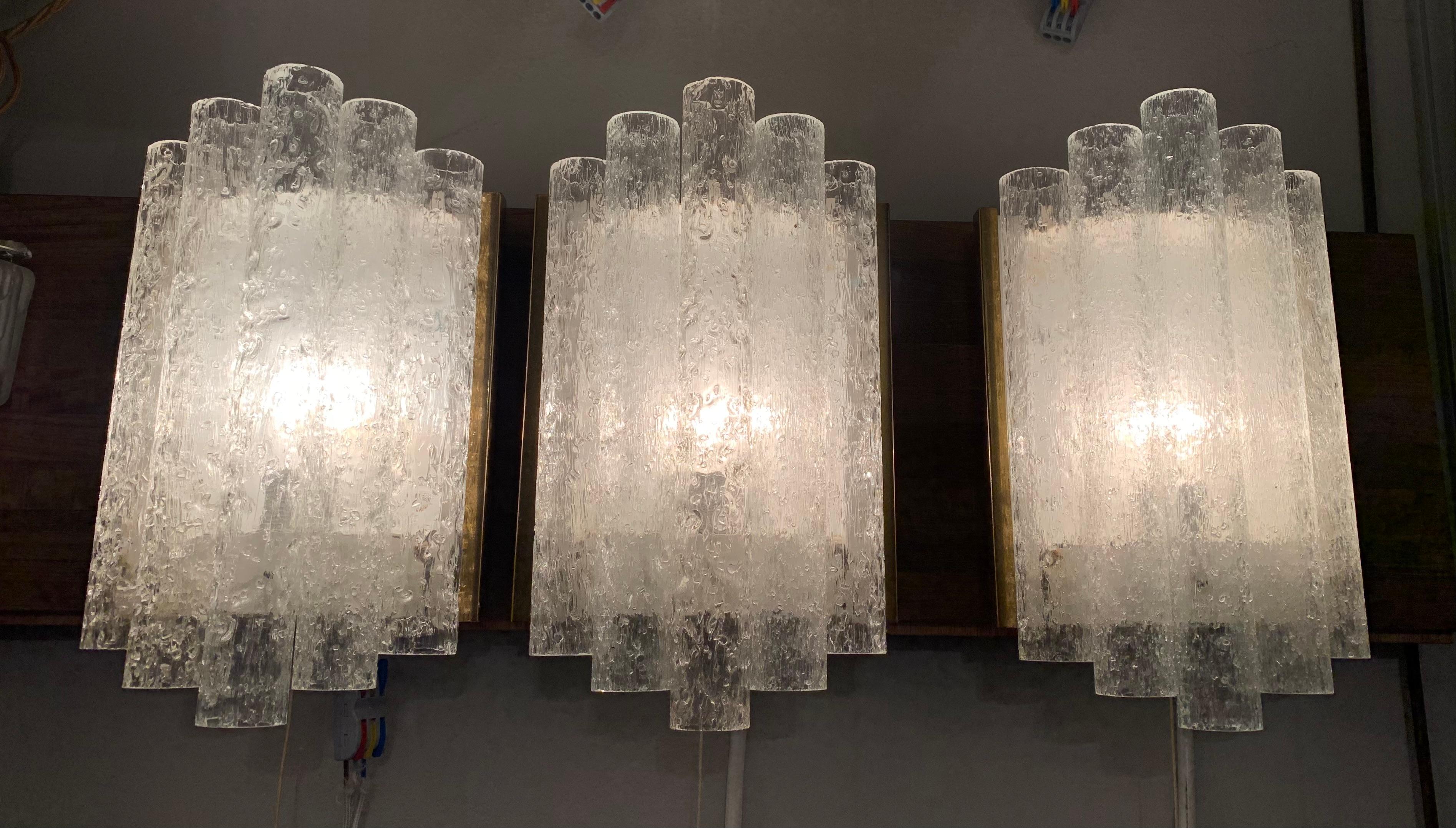 Mid-Century Modern 1960s German Doria Leuchten Ice Frosted Tubular Glass & Brass Wall Sconce
