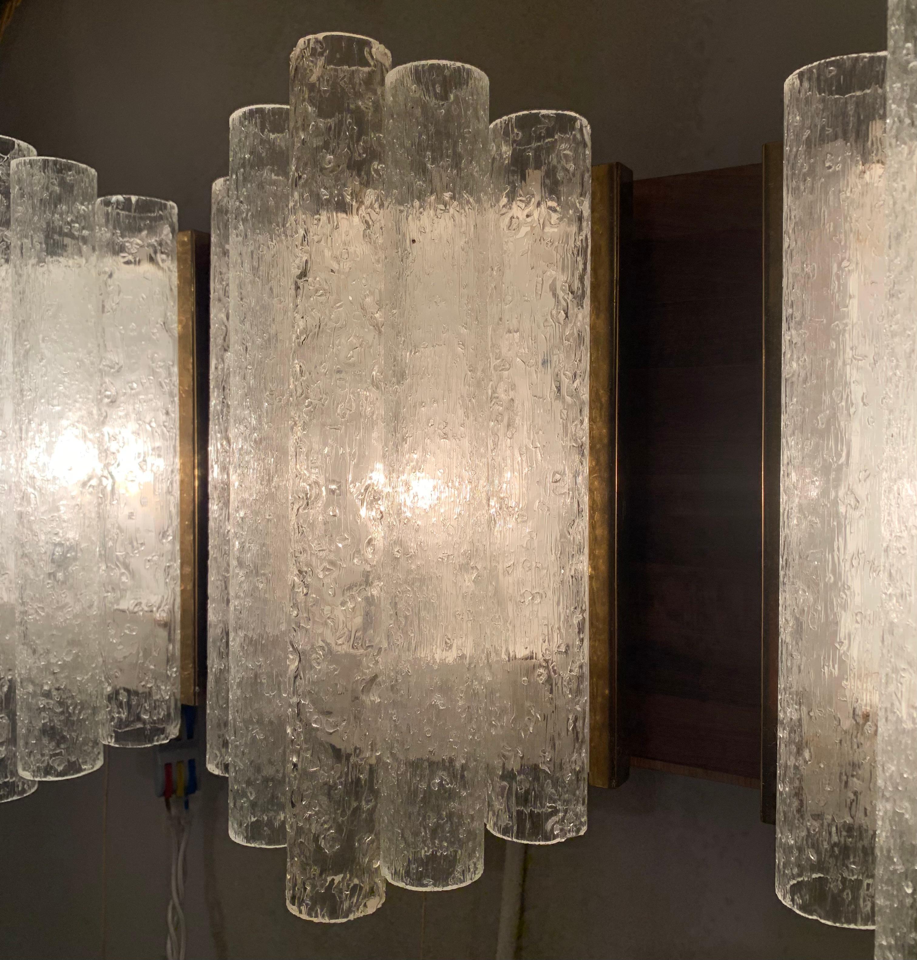 1960s German Doria Leuchten Ice Frosted Tubular Glass & Brass Wall Sconce 1