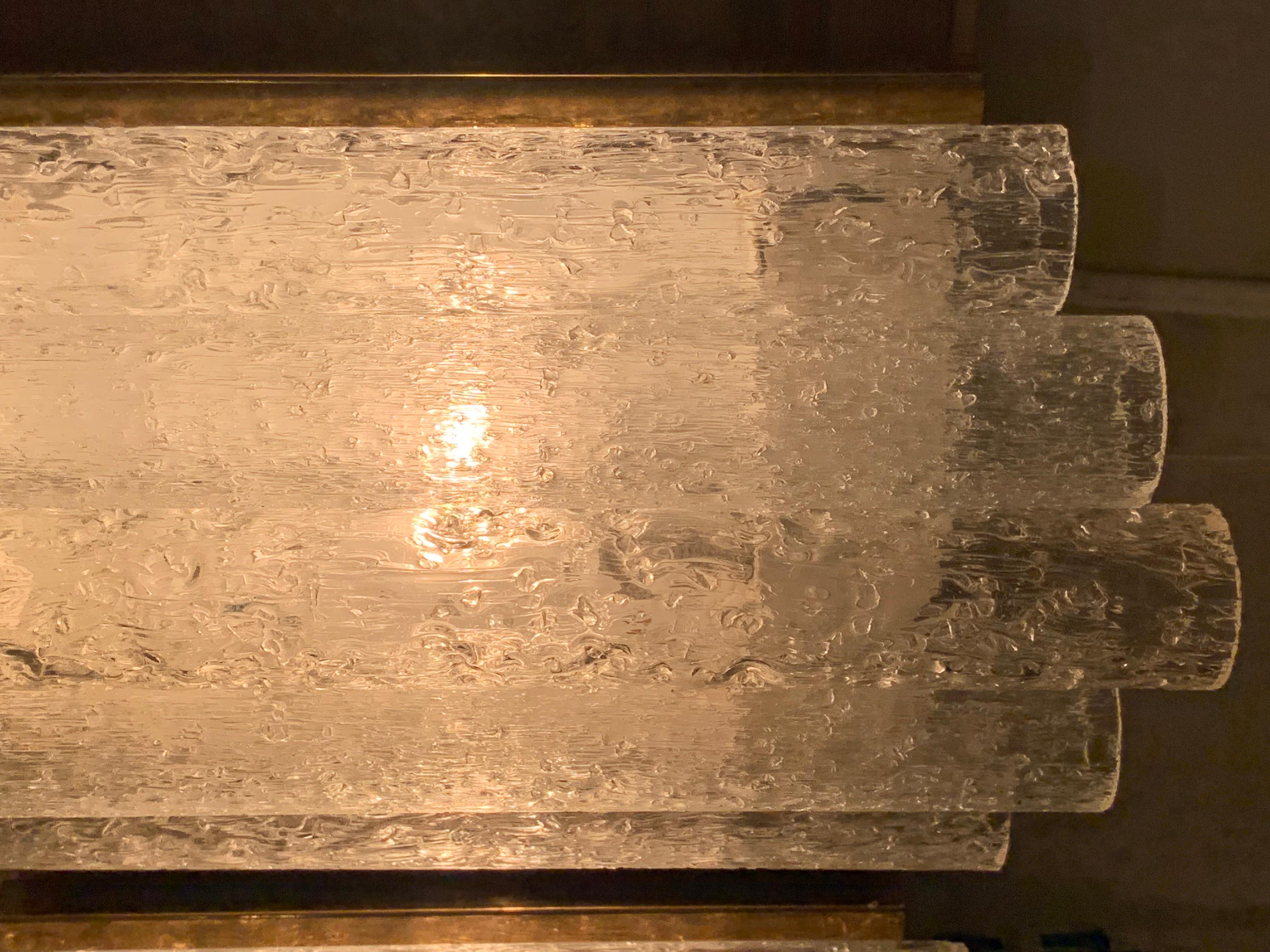 1960s German Doria Leuchten Ice Frosted Tubular Glass & Brass Wall Sconce 2