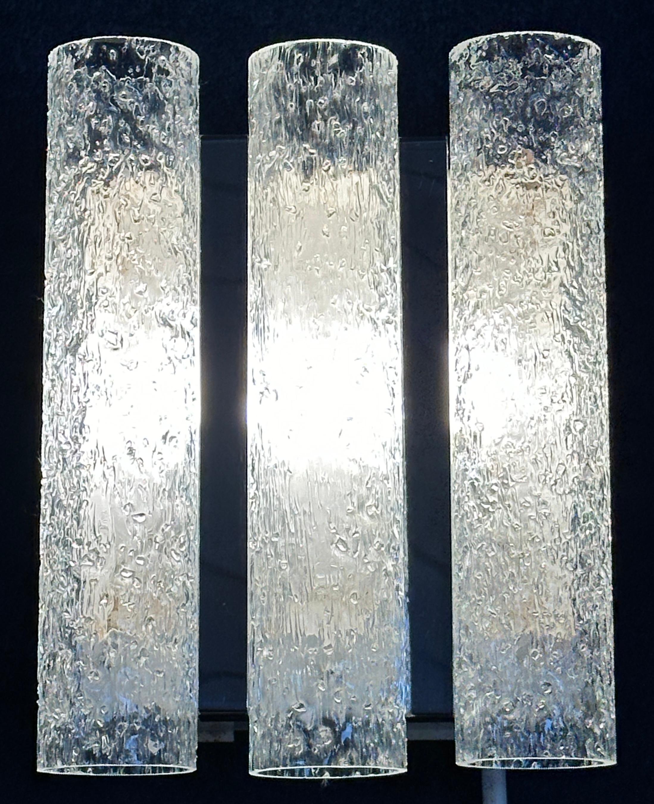 1960s German Doria Leuchten Iced Frosted Tubular Glass/Chrome Wall Light Sconce For Sale 5