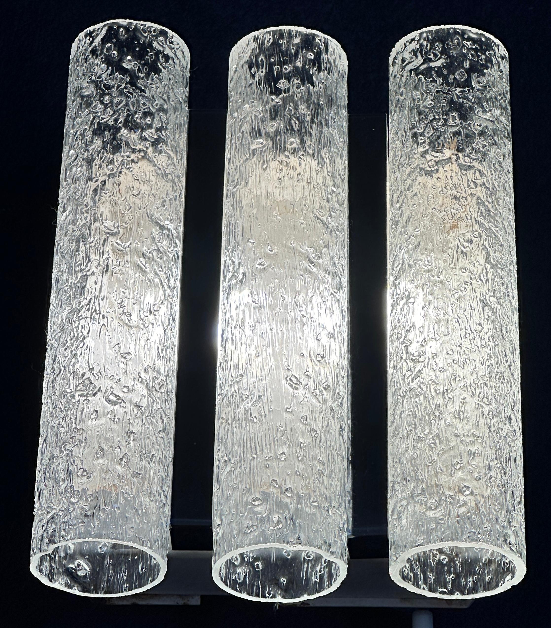 1960s German Doria Leuchten Iced Frosted Tubular Glass/Chrome Wall Light Sconce For Sale 6