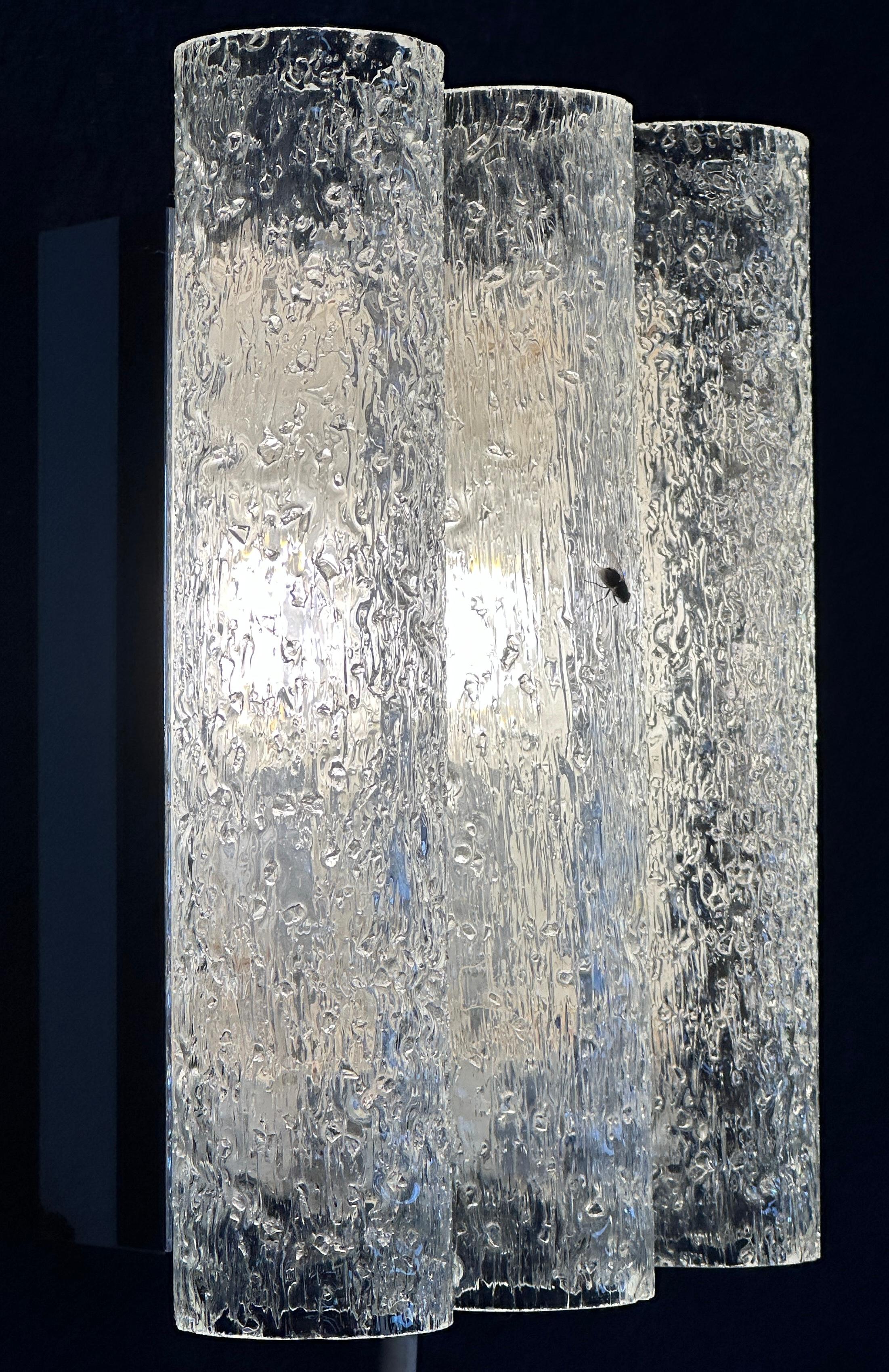 1960s German Doria Leuchten Iced Frosted Tubular Glass/Chrome Wall Light Sconce For Sale 7