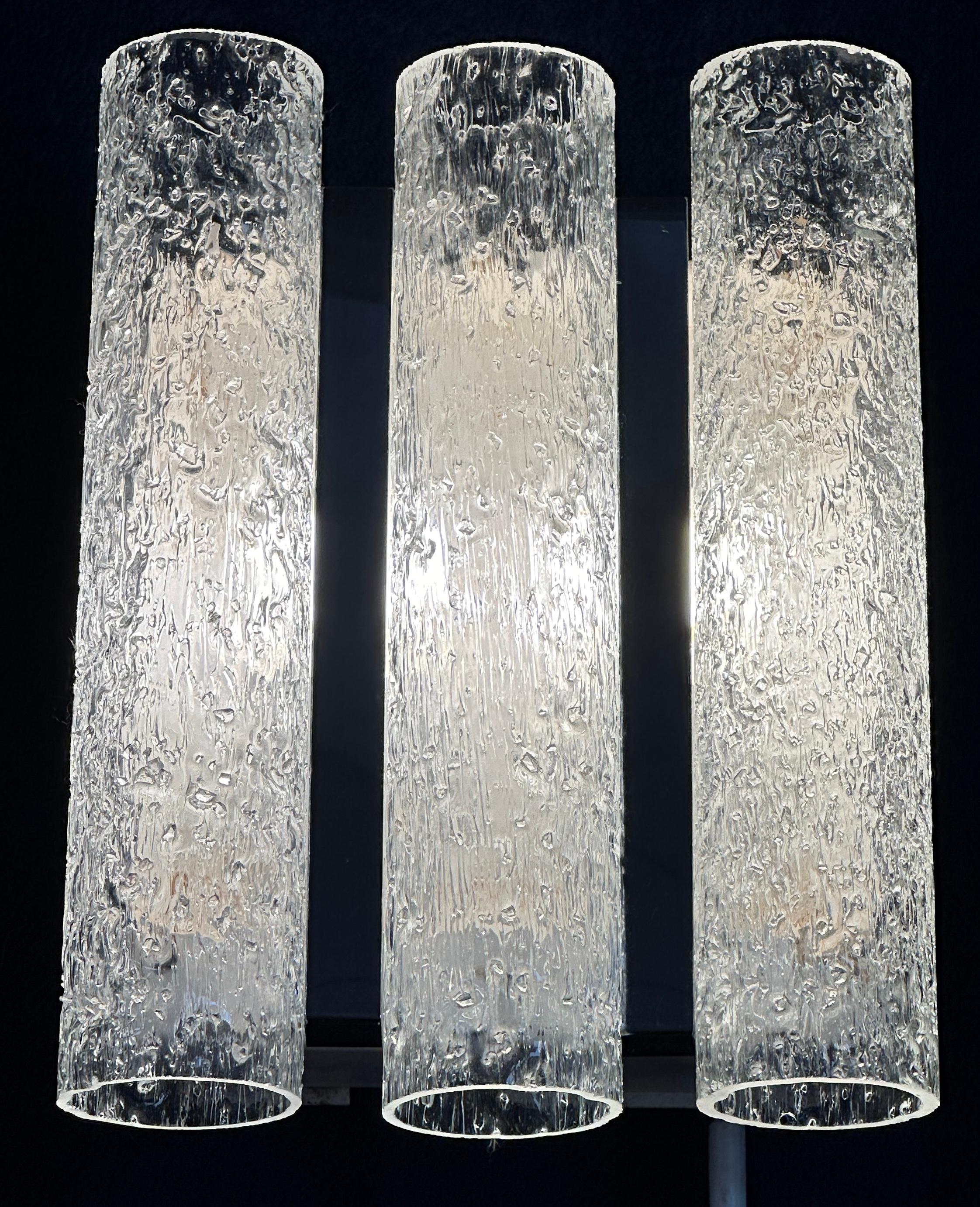 1960s German Doria Leuchten Iced Frosted Tubular Glass/Chrome Wall Light Sconce For Sale 9