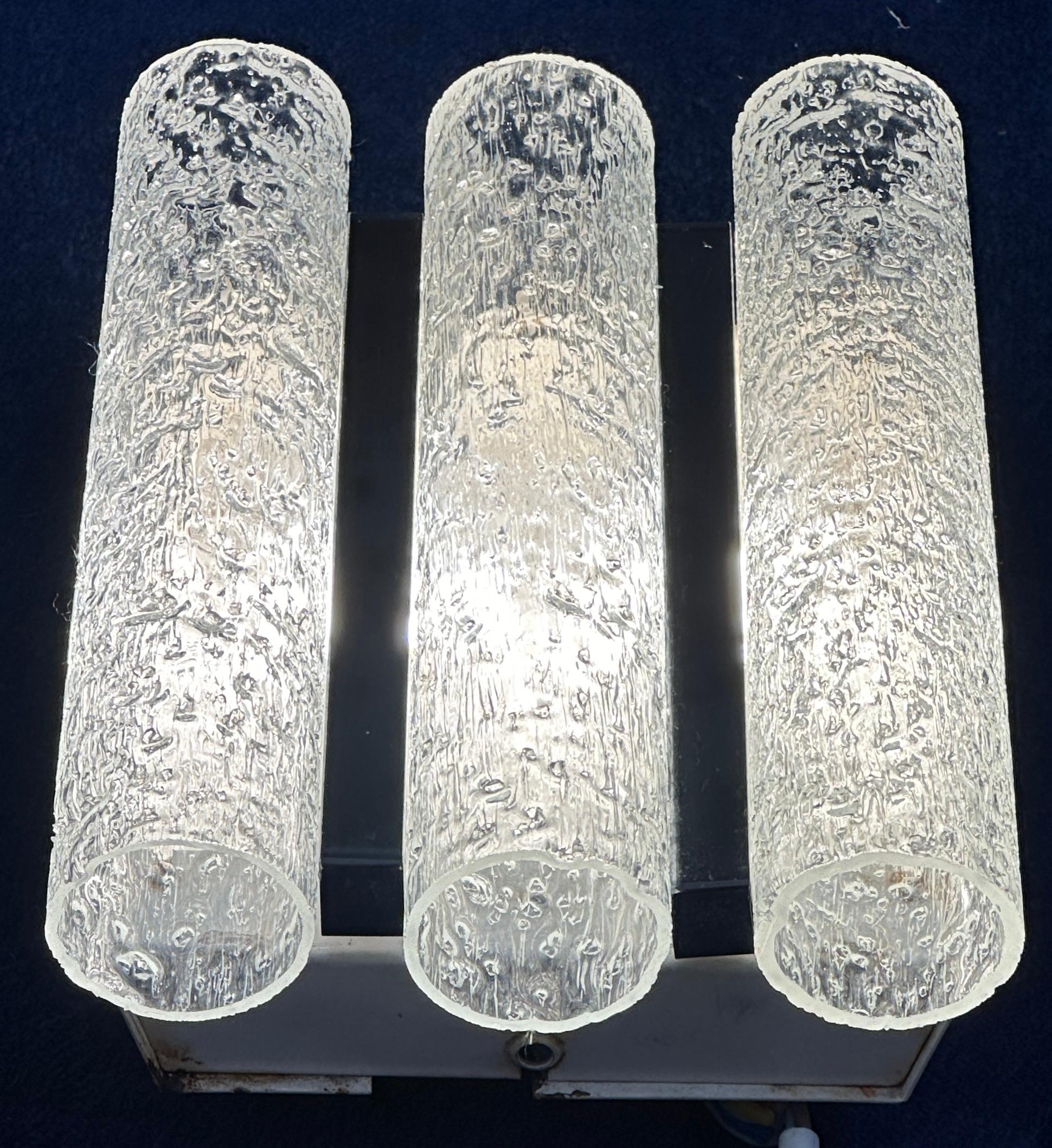 1960s German Doria Leuchten Iced Frosted Tubular Glass/Chrome Wall Light Sconce For Sale 10