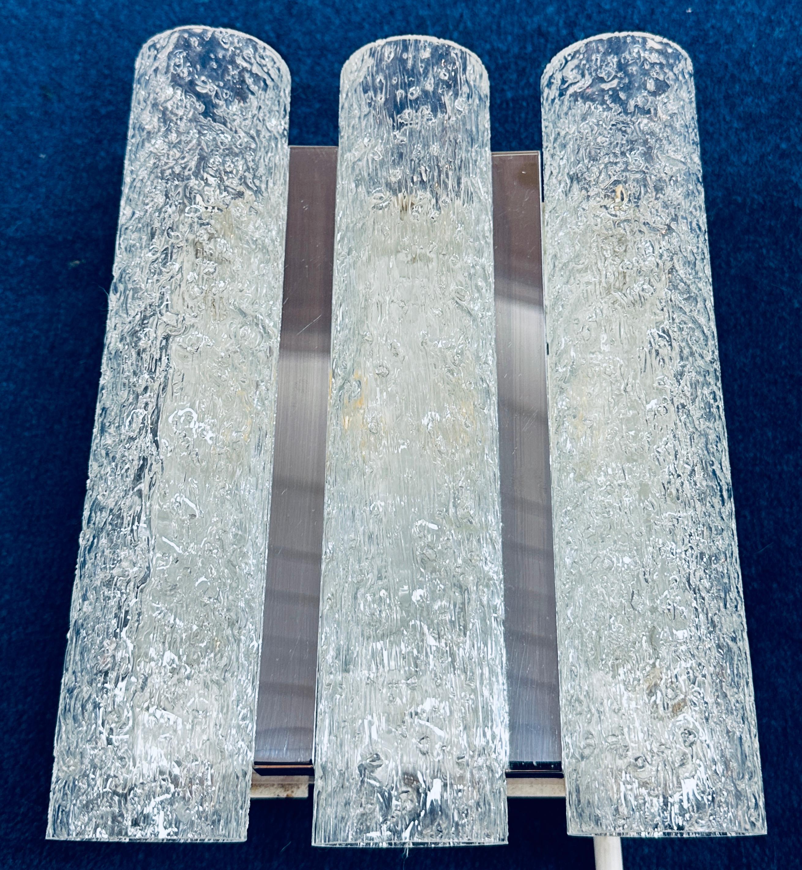 1960s German Doria Leuchten Iced Frosted Tubular Glass/Chrome Wall Light Sconce In Fair Condition For Sale In London, GB