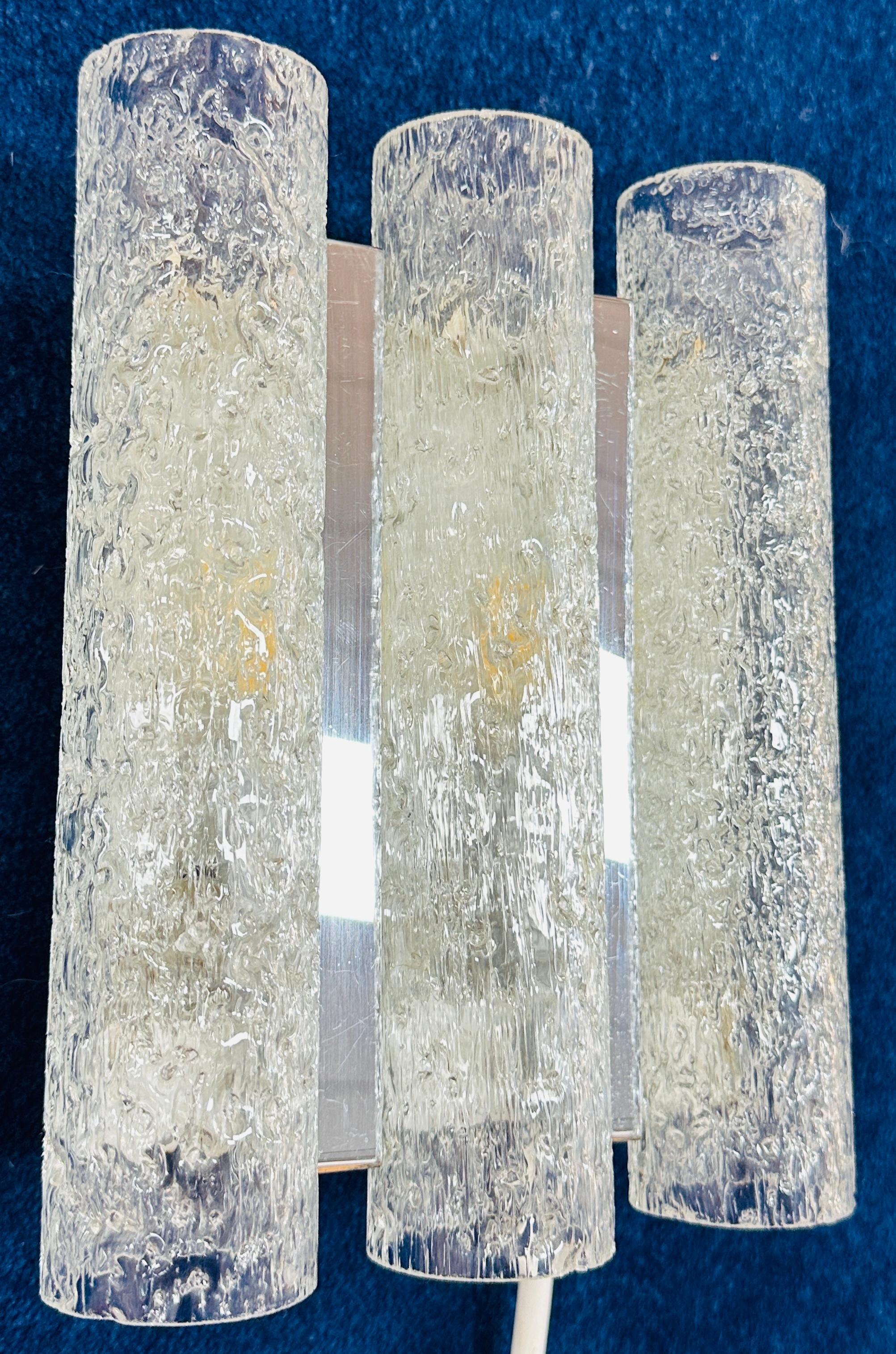 20th Century 1960s German Doria Leuchten Iced Frosted Tubular Glass/Chrome Wall Light Sconce For Sale