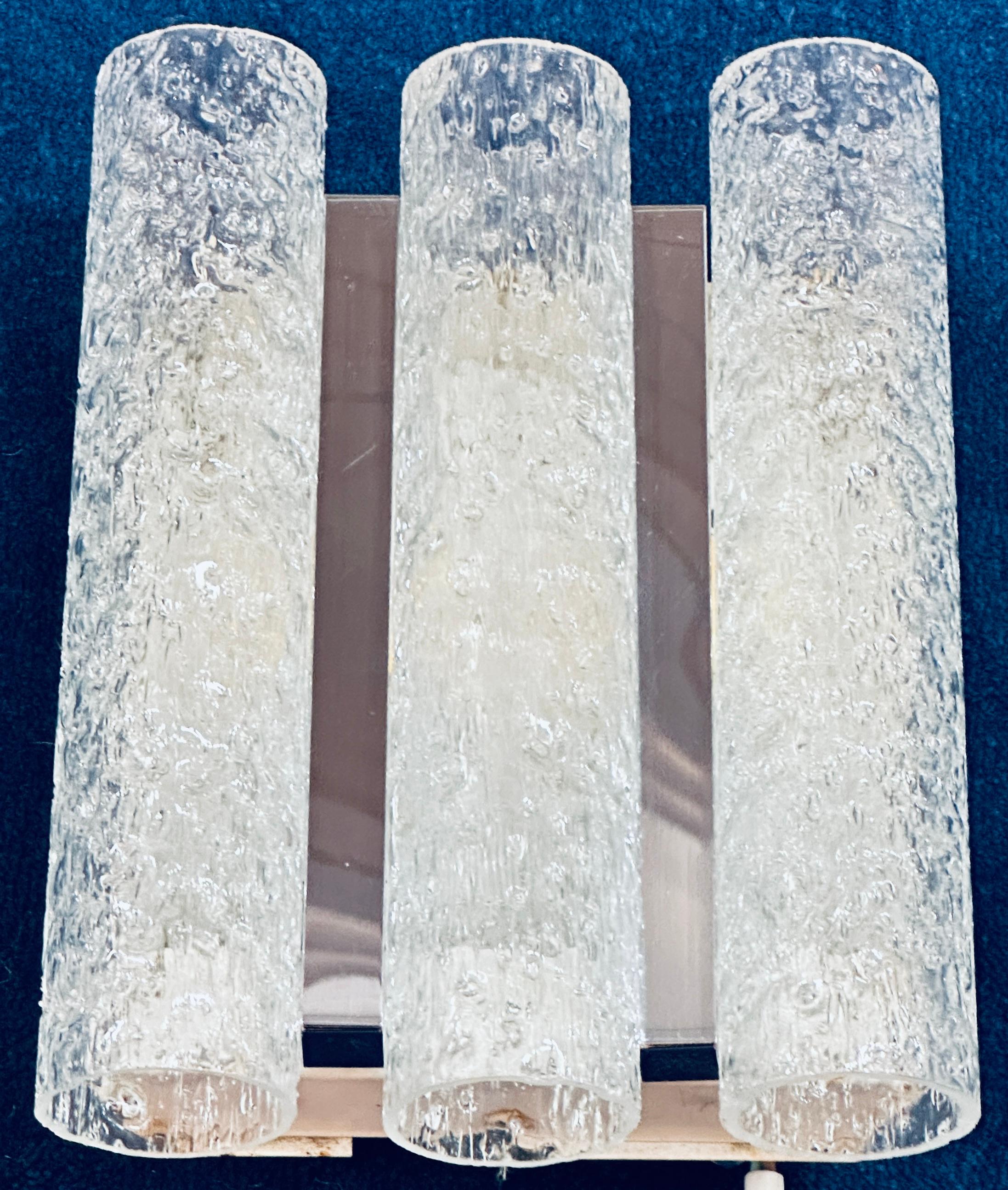 Metal 1960s German Doria Leuchten Iced Frosted Tubular Glass/Chrome Wall Light Sconce For Sale