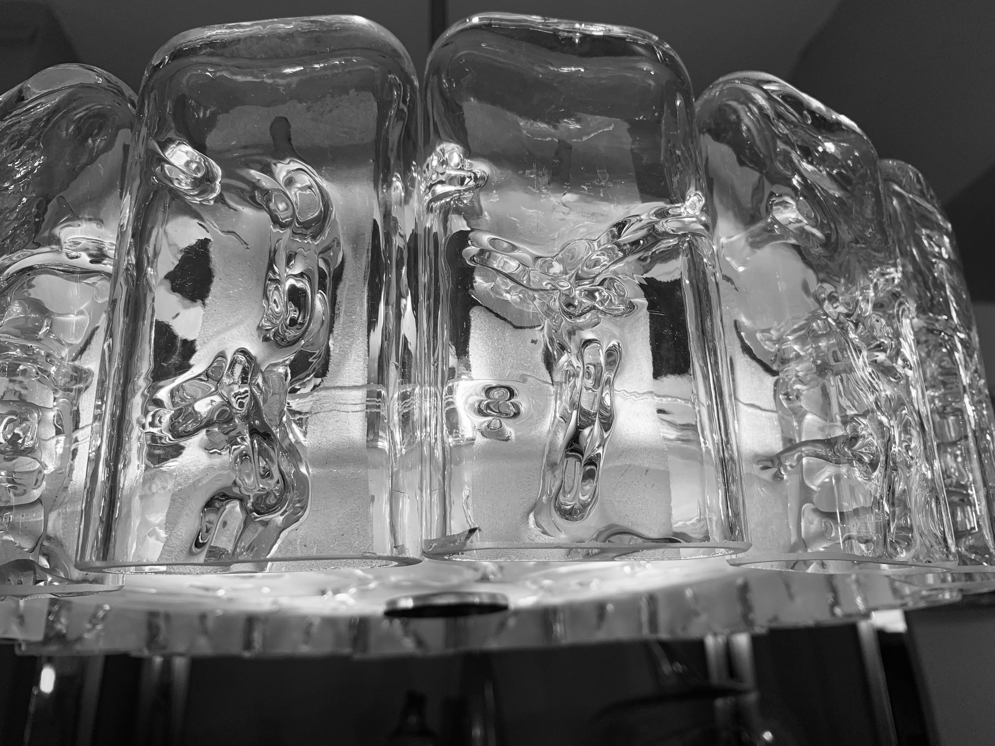 1960s German Doria Leuchten Iced Hand Blown Crystal Glass & Brass Chandelier 7