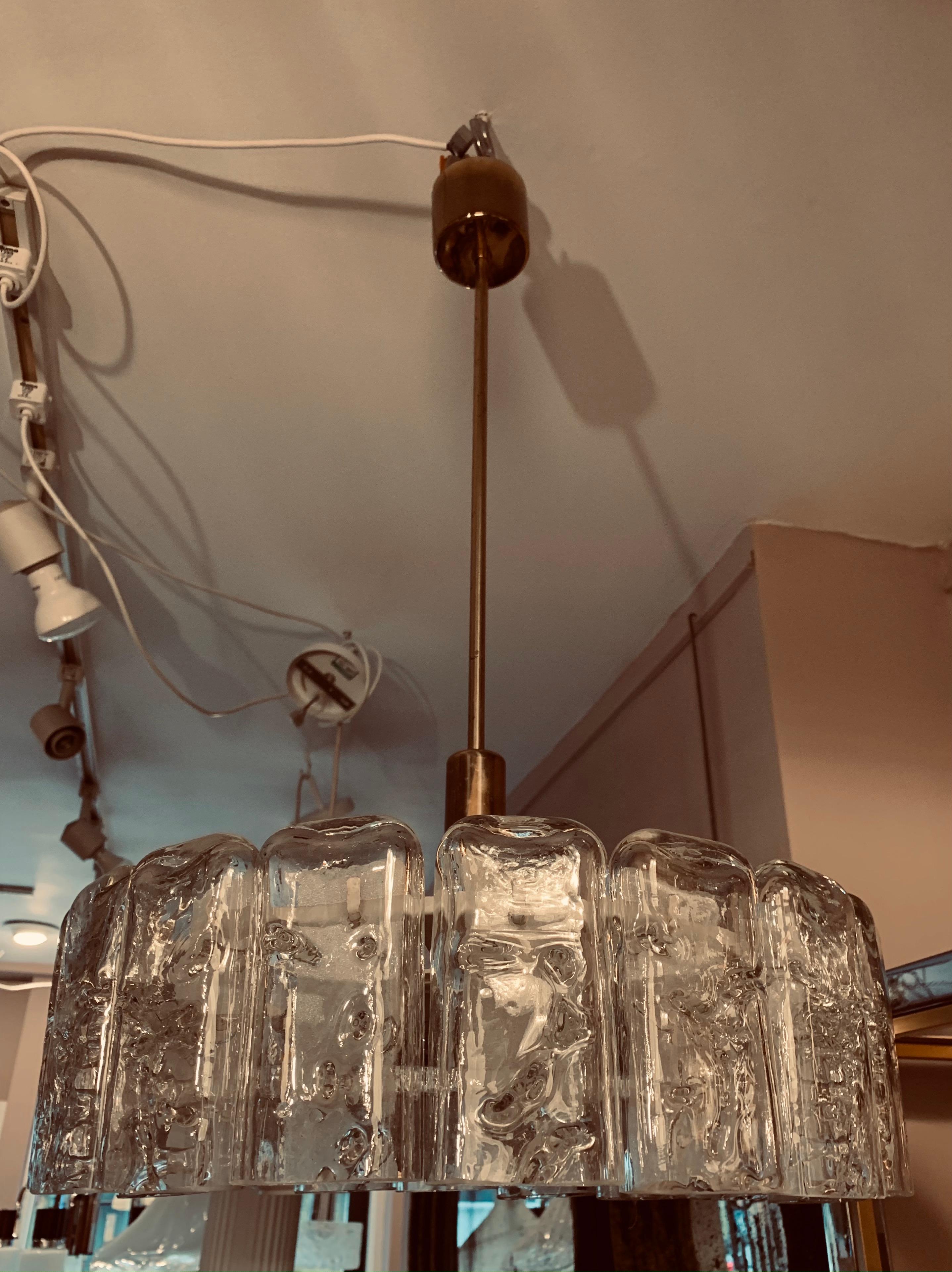 1960s German Doria Leuchten Iced Hand Blown Crystal Glass & Brass Chandelier 14
