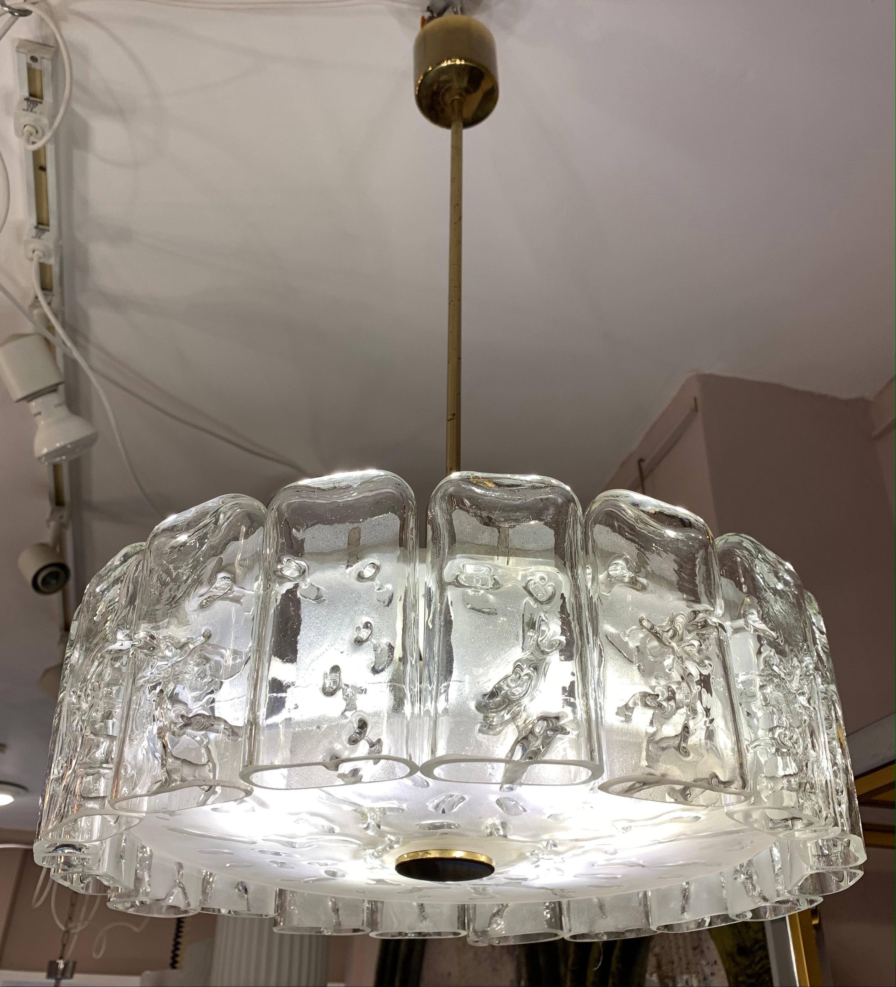 1960s German Doria Leuchten Iced Hand Blown Crystal Glass & Brass Chandelier In Good Condition In London, GB