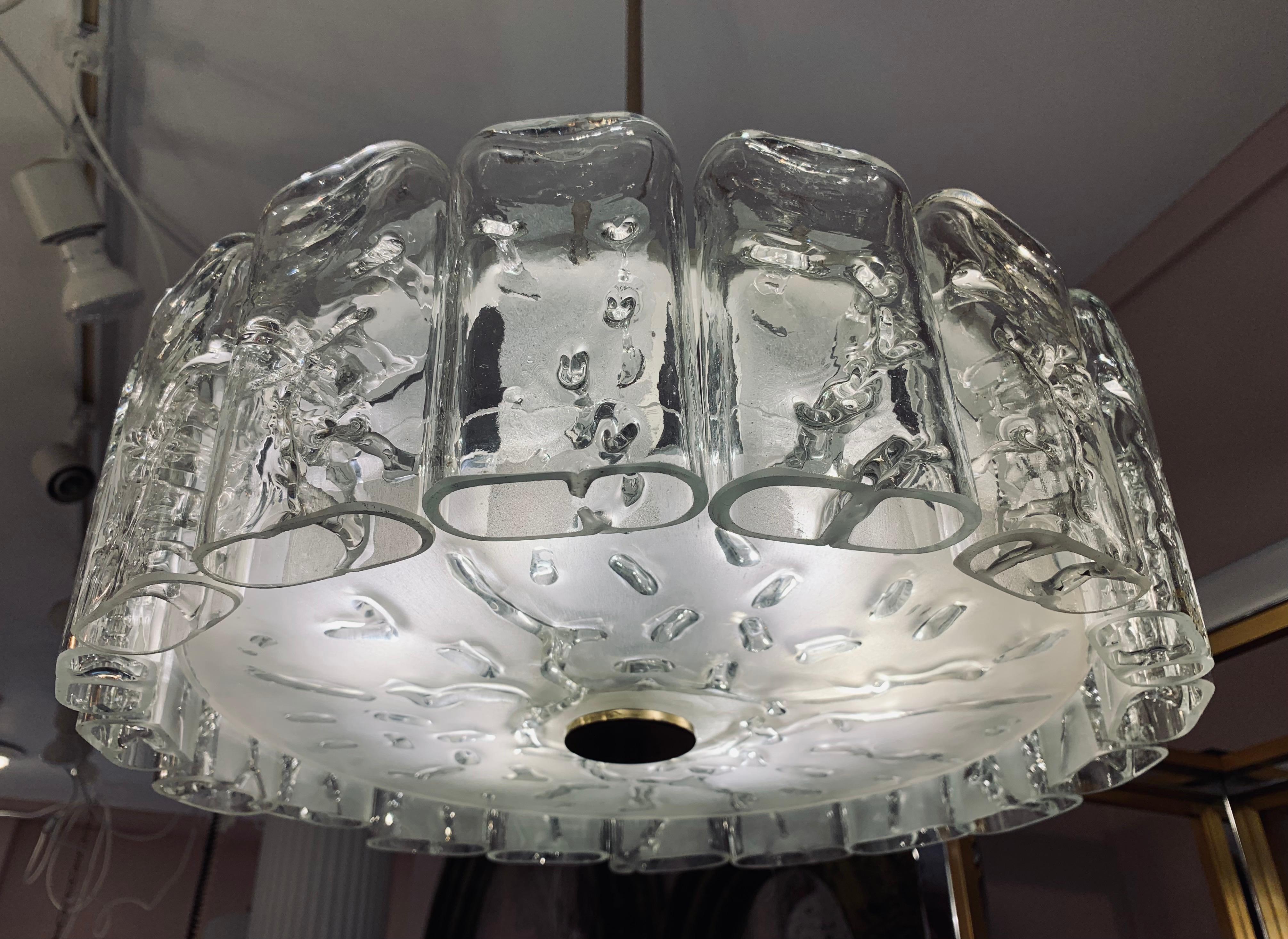 20th Century 1960s German Doria Leuchten Iced Hand Blown Crystal Glass & Brass Chandelier