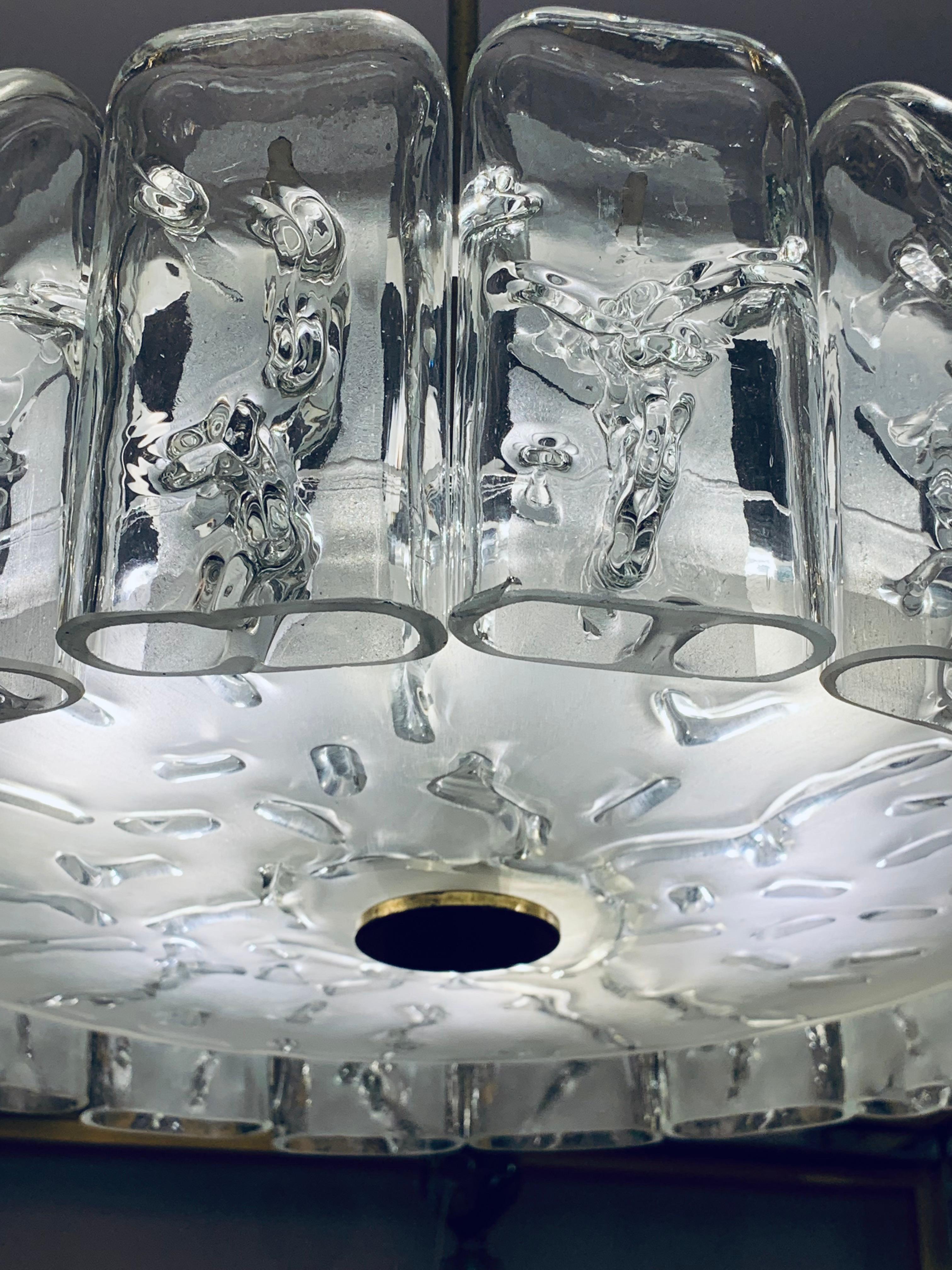 1960s German Doria Leuchten Iced Hand Blown Crystal Glass & Brass Chandelier 1