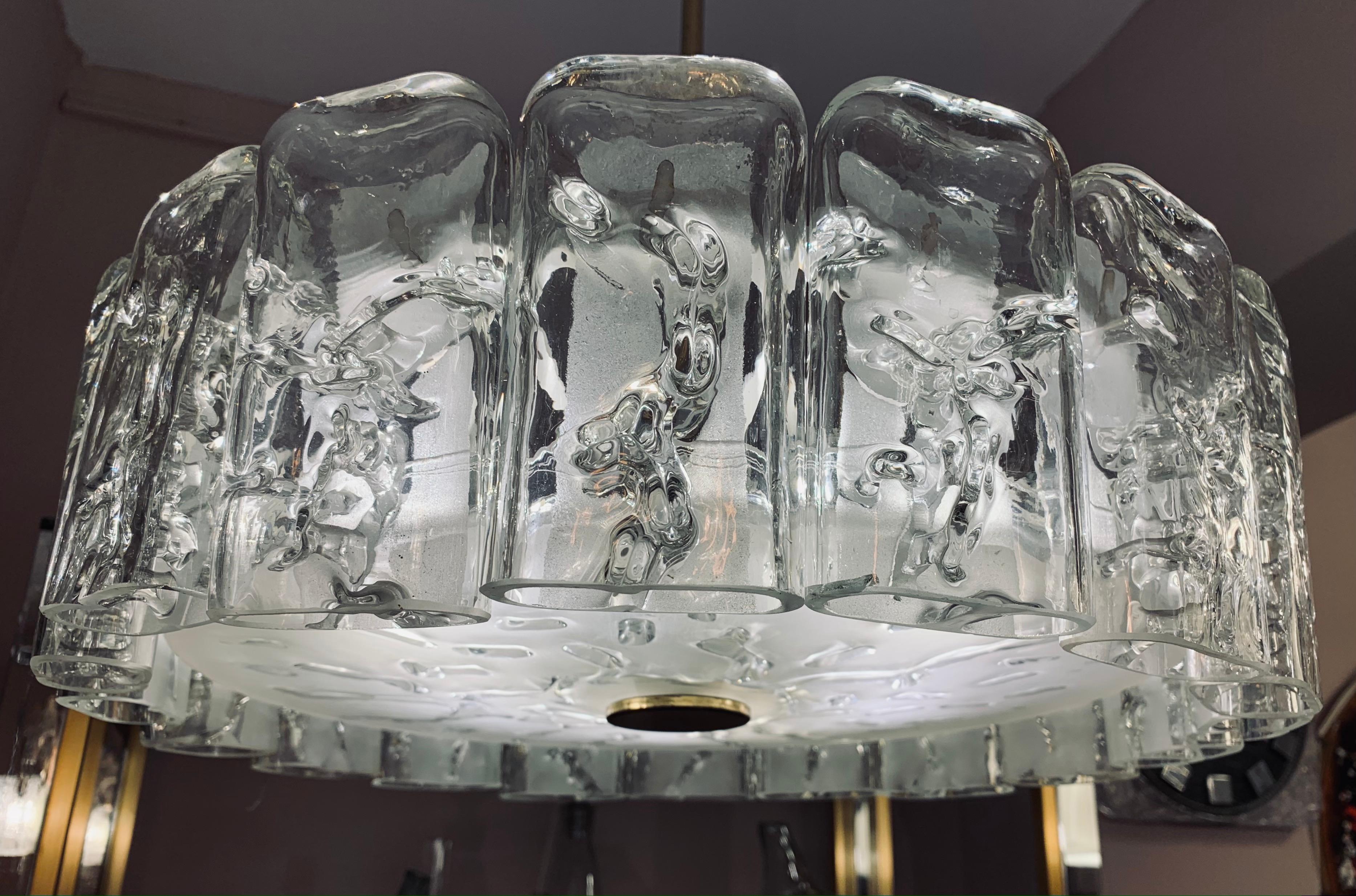 1960s German Doria Leuchten Iced Hand Blown Crystal Glass & Brass Chandelier 2