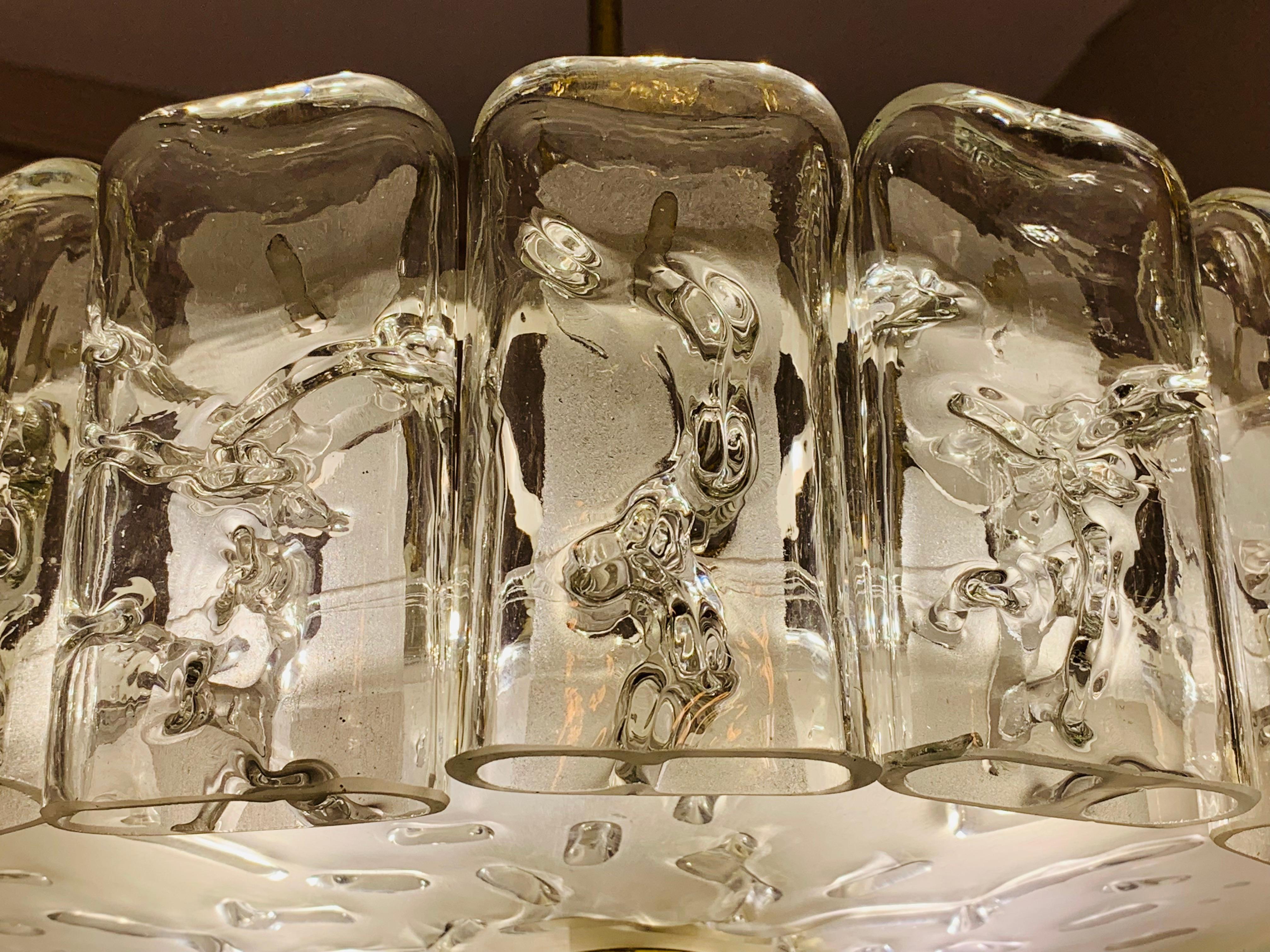 1960s German Doria Leuchten Iced Hand Blown Crystal Glass & Brass Chandelier 3