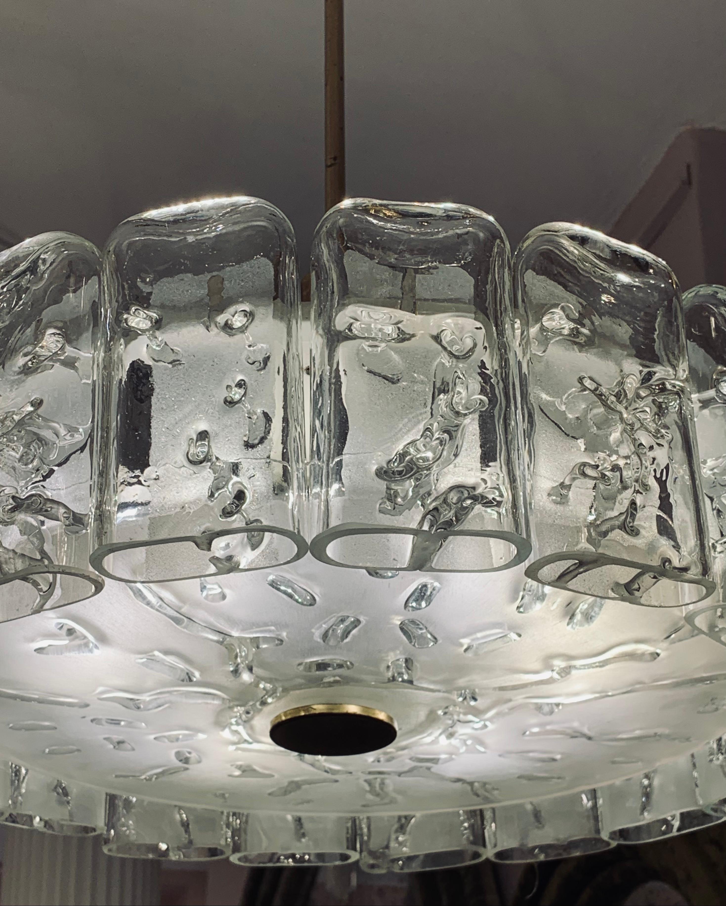 1960s German Doria Leuchten Iced Hand Blown Crystal Glass & Brass Chandelier 4