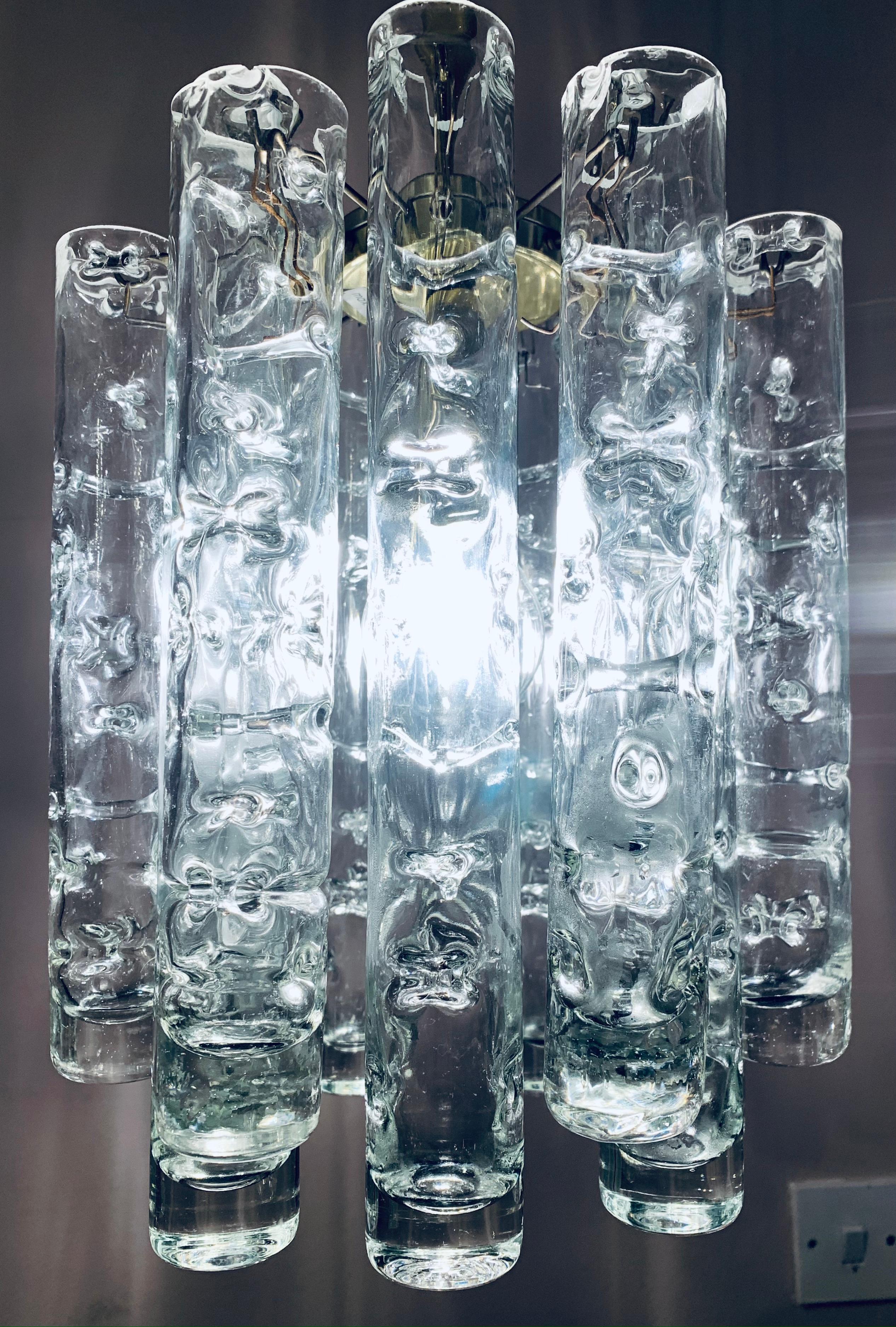Brass 1960s German Doria Leuchten Murano Glass Tubular Hanging Light Chandelier 
