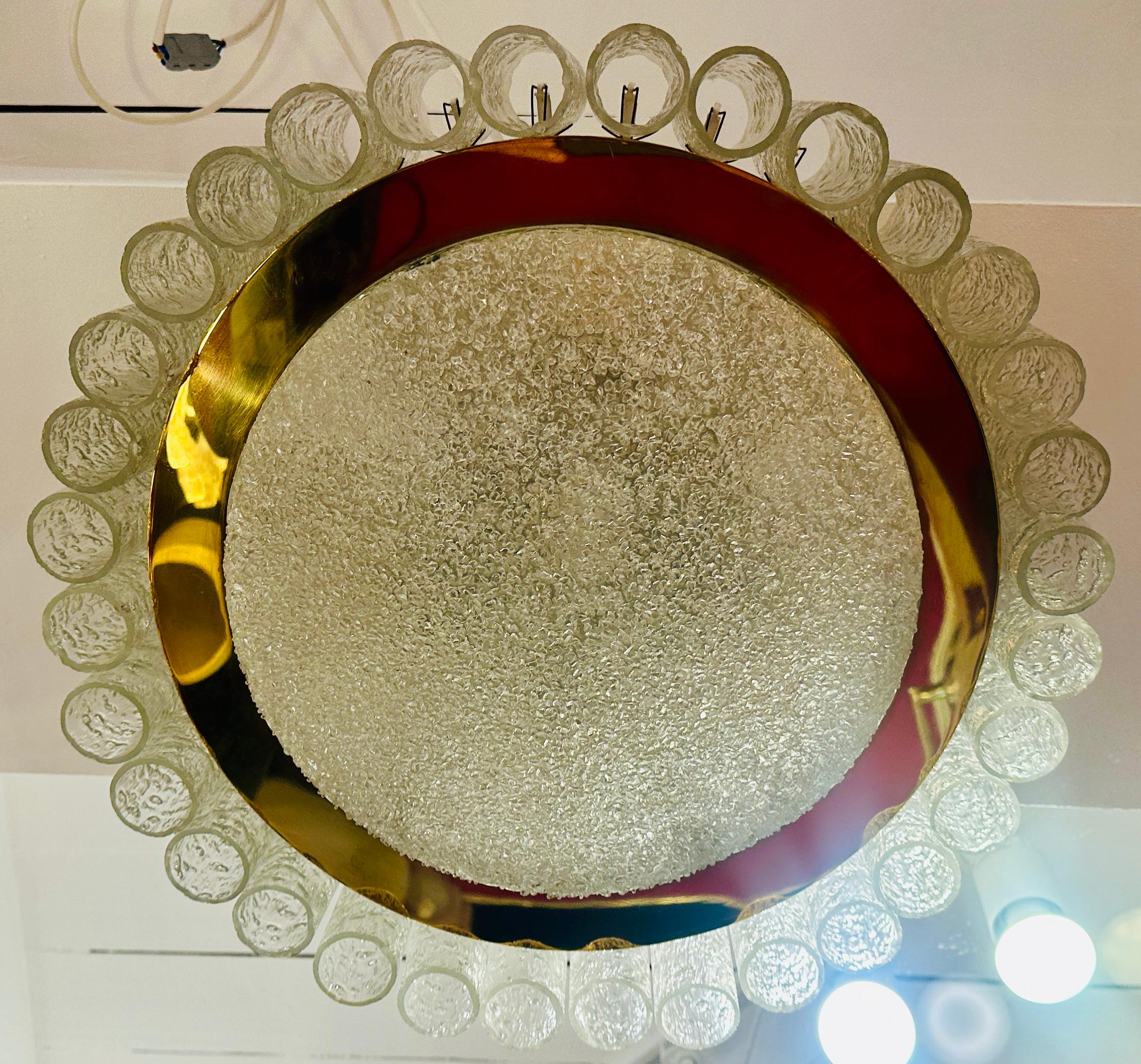 1960s German Doria Leuchten Tubular Glass & Brass Flush Mount Ceiling Light For Sale 11