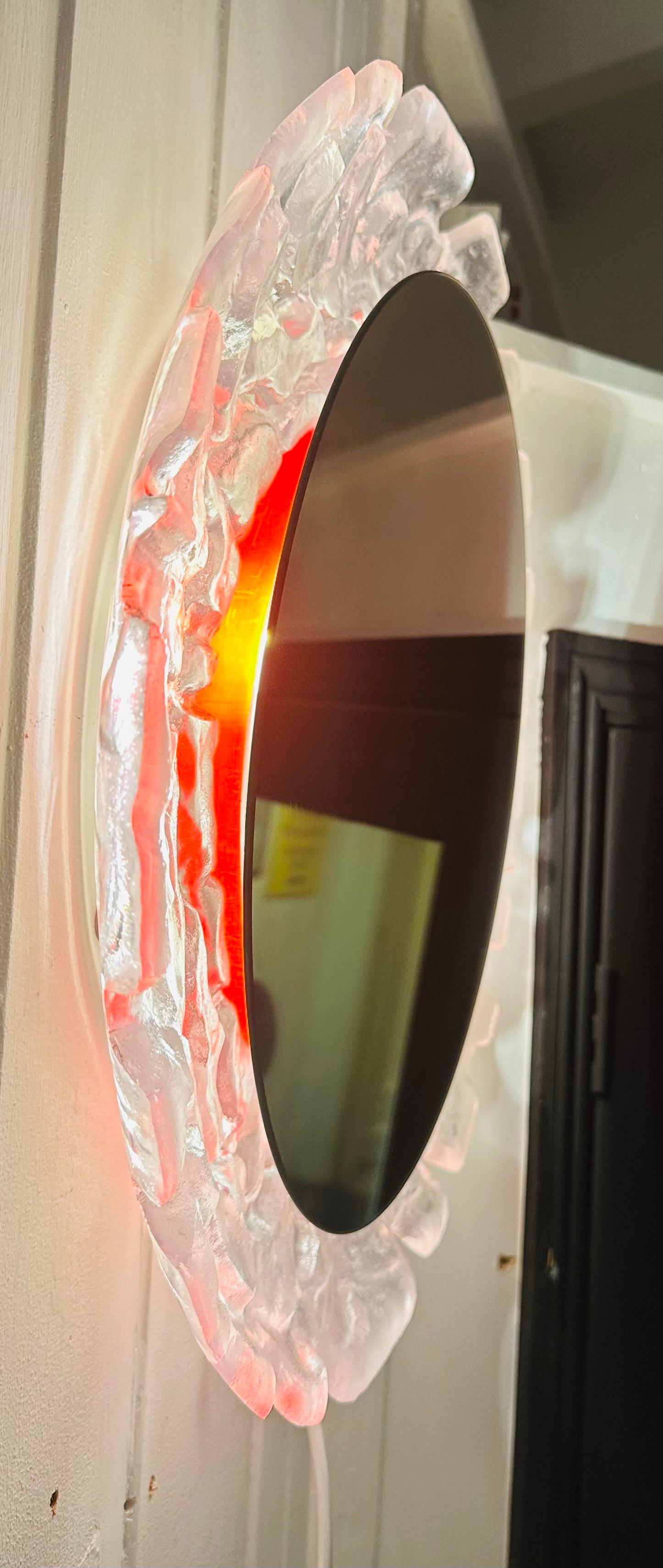 Mid-Century Modern 1960s German Erco Illuminated Lucite Red Glow Mirrored Glass Wall Mirror