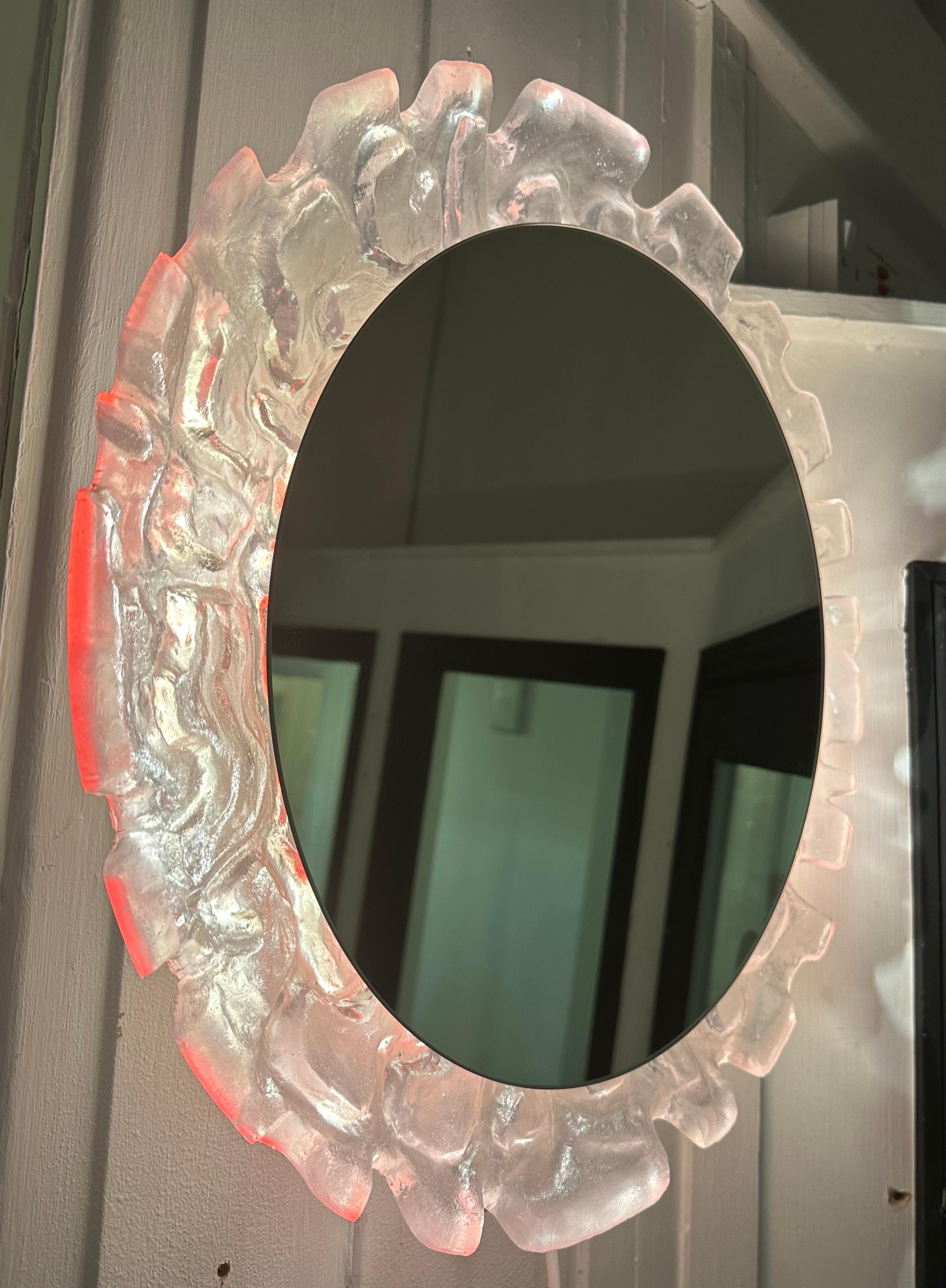 Painted 1960s German Erco Illuminated Lucite Red Glow Mirrored Glass Wall Mirror For Sale