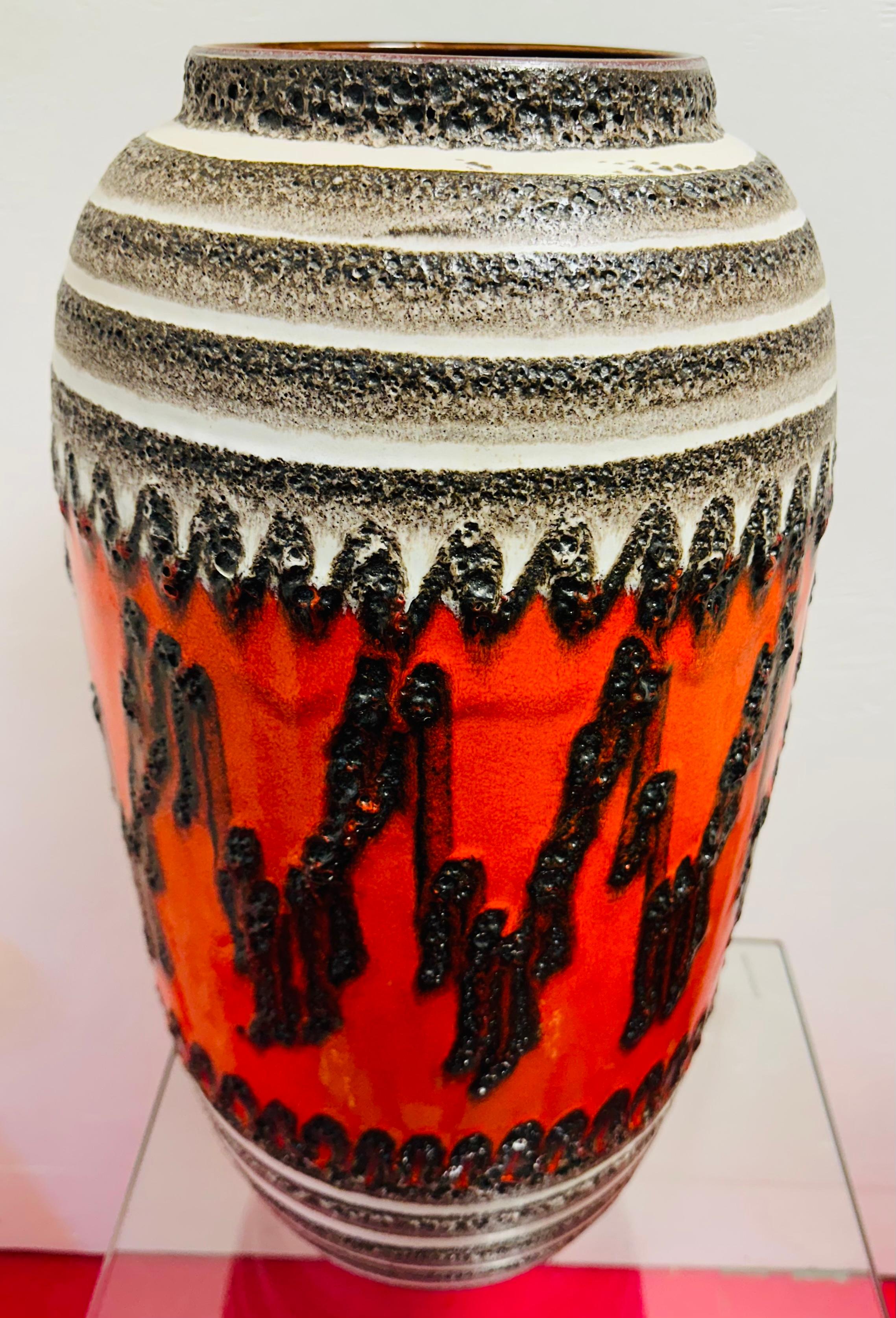 Mid-Century Modern 1960s German Fat Lava Scheurich Pottery Orange Glazed Zig Zag Floor Vase 546 52