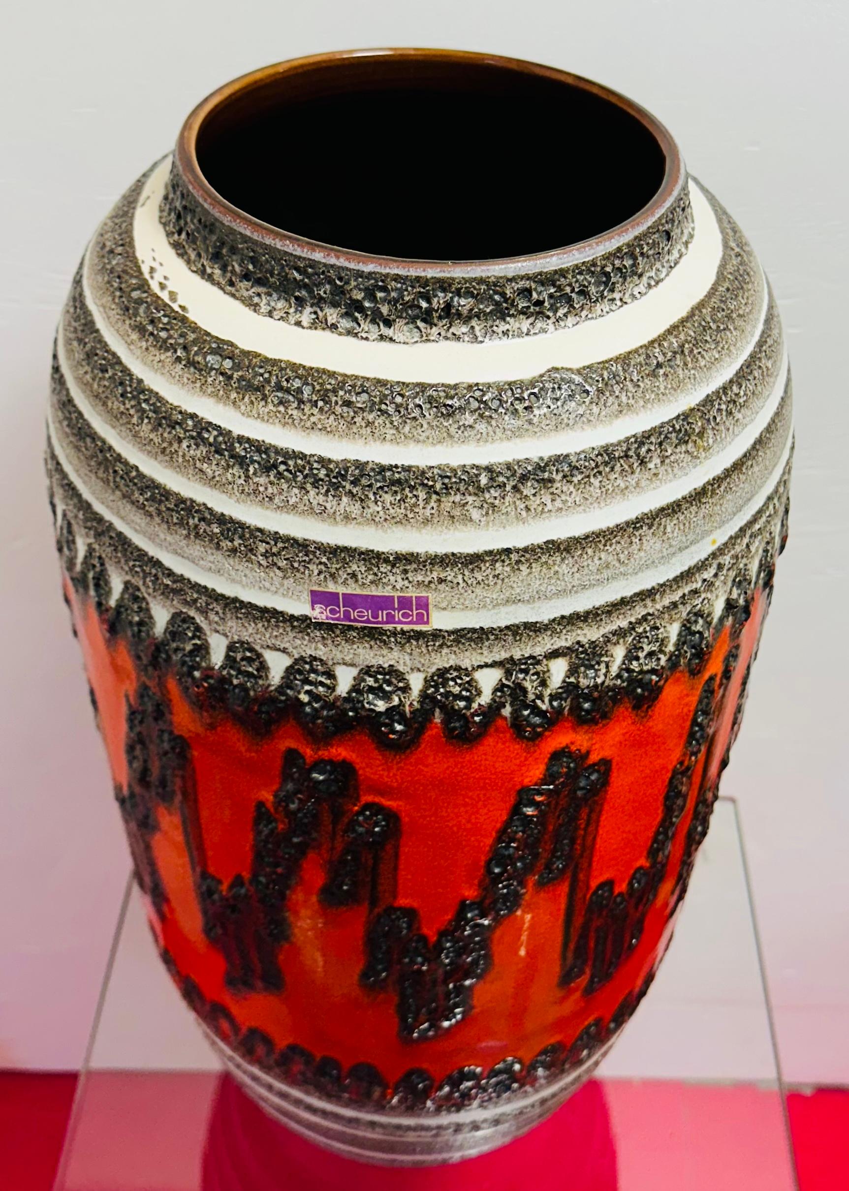 20th Century 1960s German Fat Lava Scheurich Pottery Orange Glazed Zig Zag Floor Vase 546 52