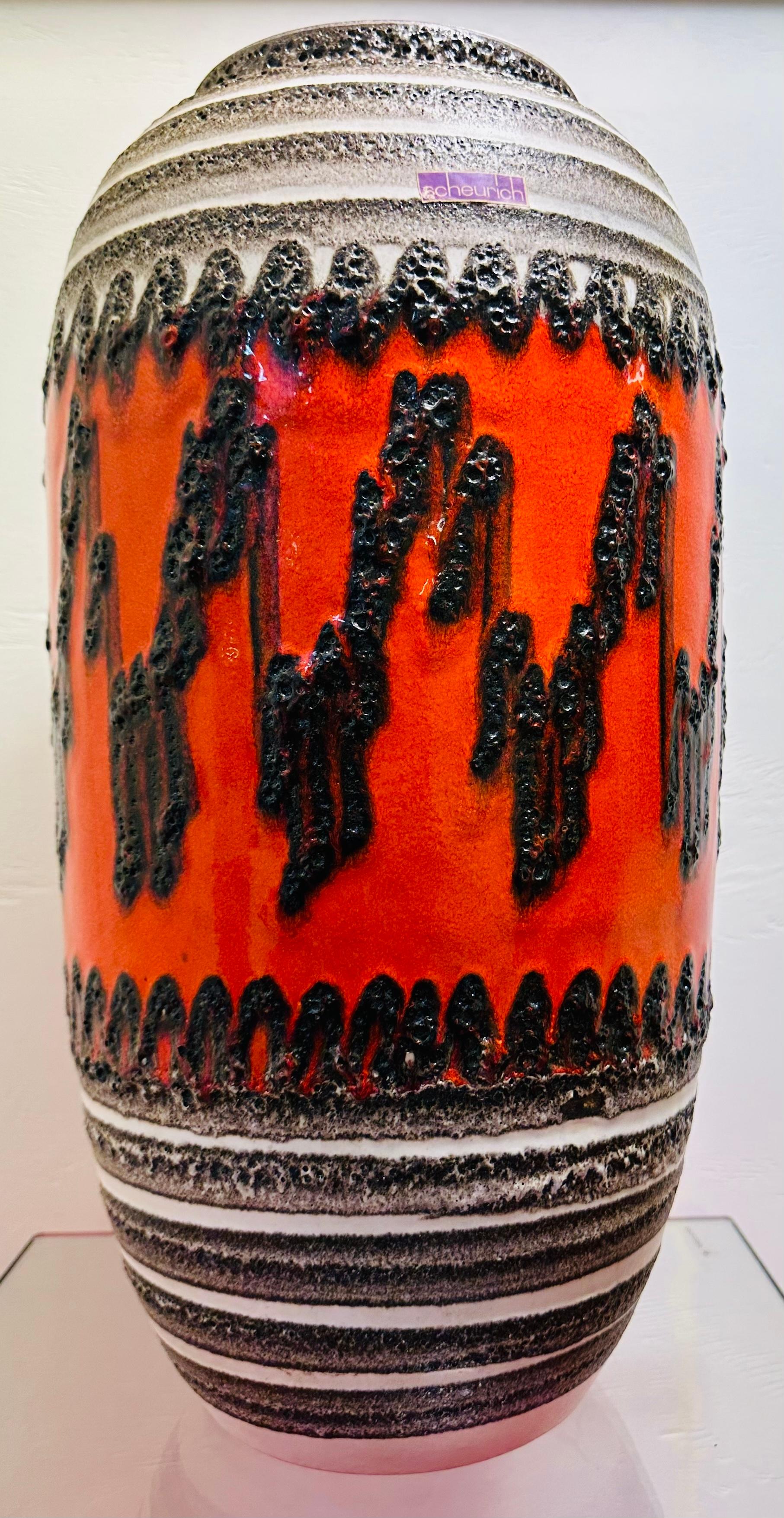 1960s German Fat Lava Scheurich Pottery Orange Glazed Zig Zag Floor Vase 546 52 1