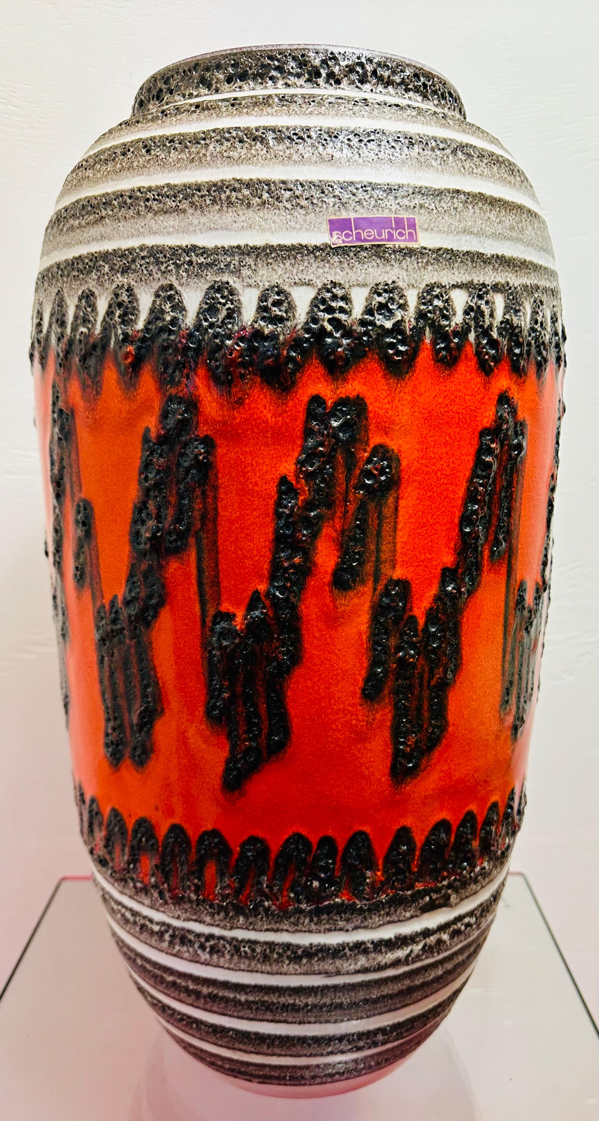 1960s German Fat Lava Scheurich Pottery Orange Glazed Zig Zag Floor Vase 546 52 3