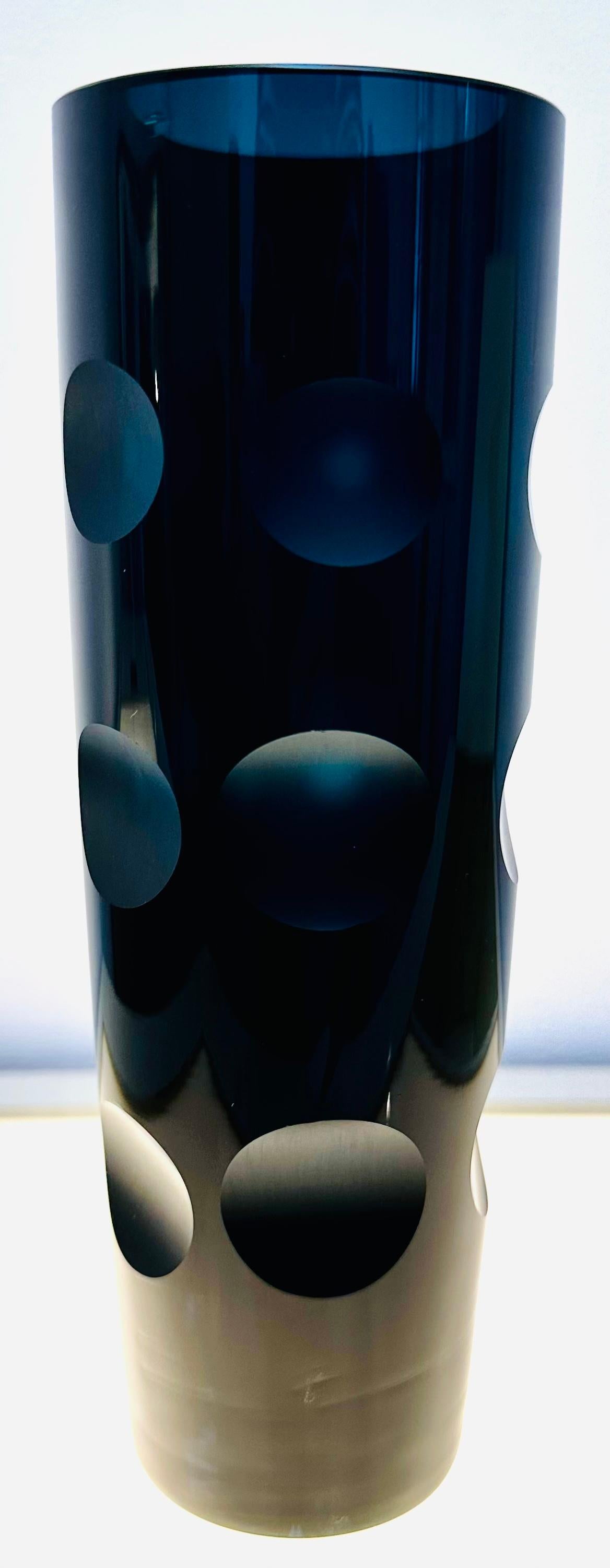Mid-Century Modern 1960s German Friedrich Kristall Dark Blue 15 Concave Lens Cut Crystal Vase