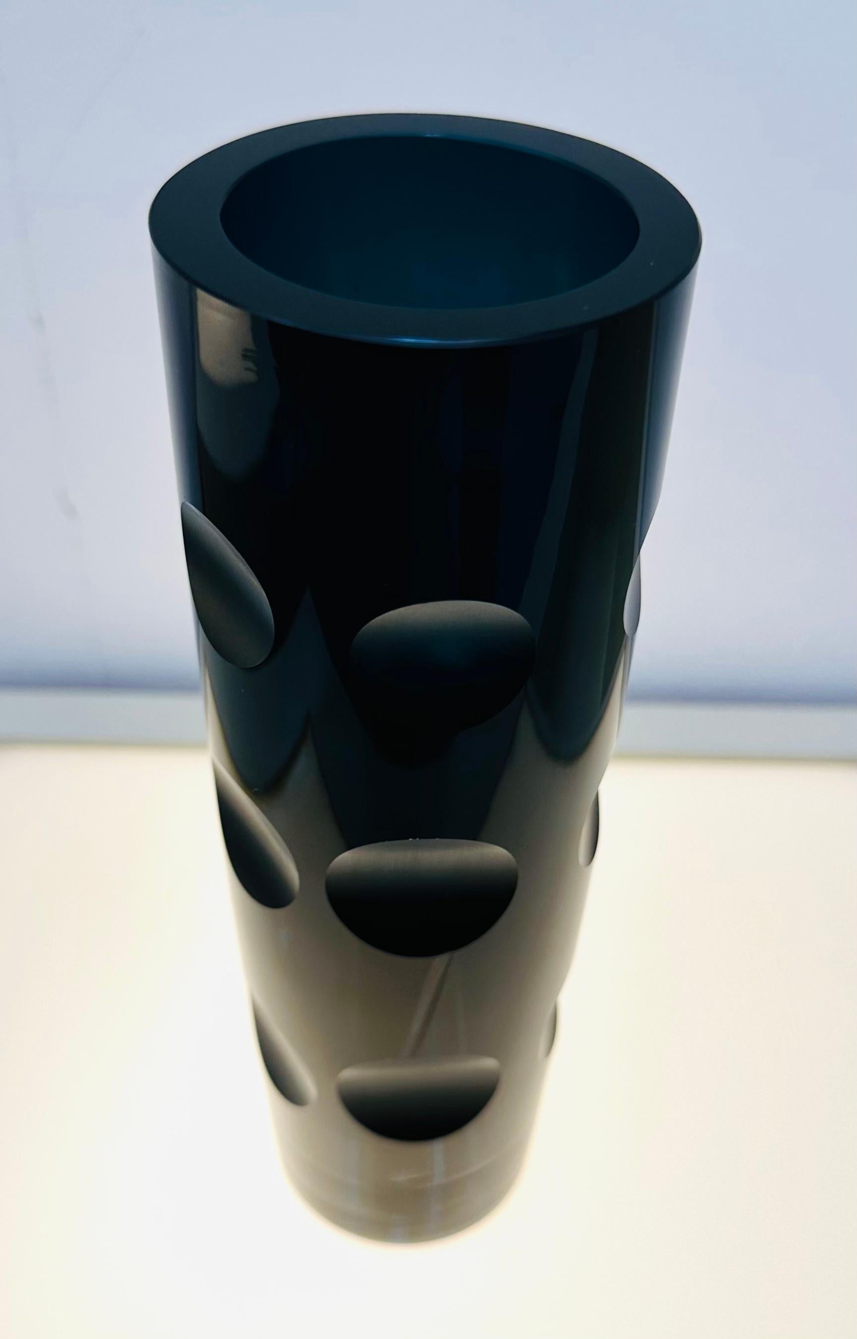 1960s German Friedrich Kristall Dark Blue 15 Concave Lens Cut Crystal Vase In Good Condition In London, GB