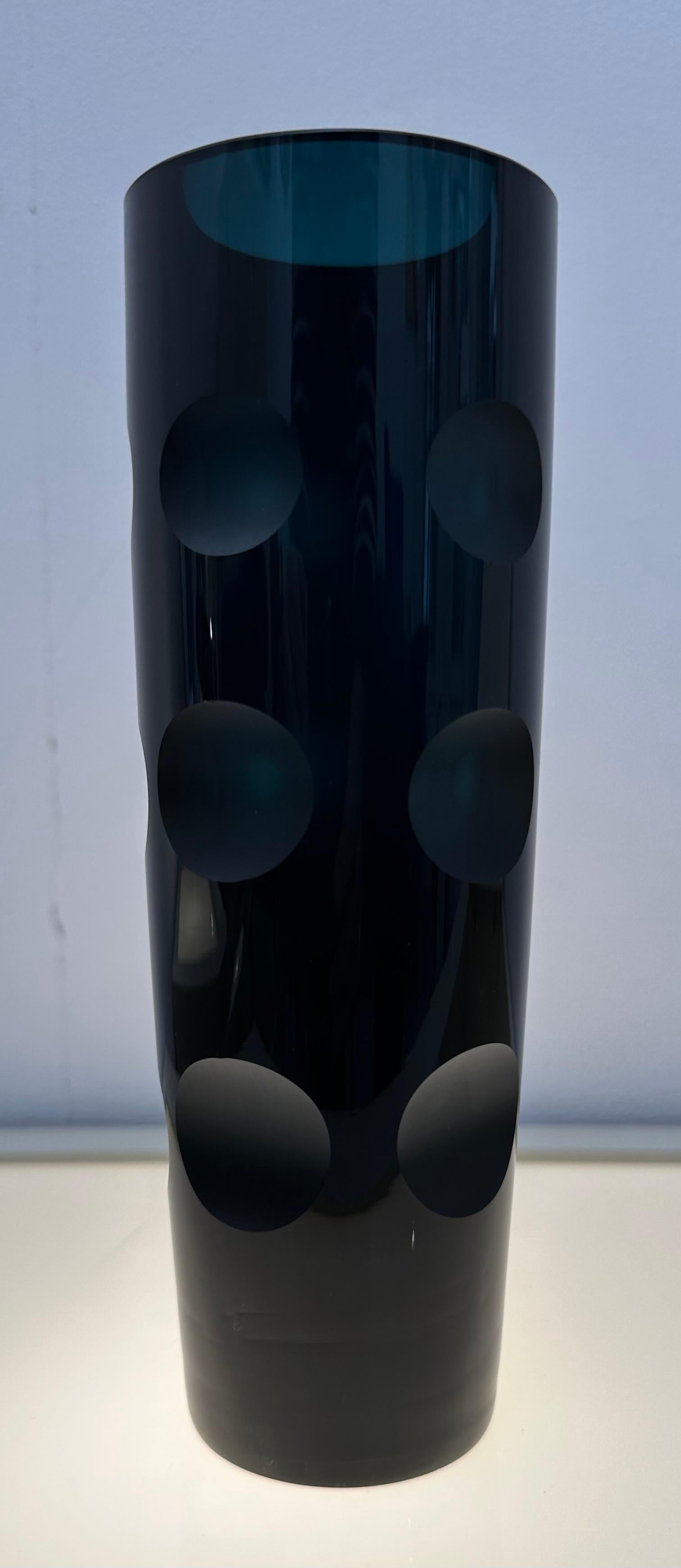 20th Century 1960s German Friedrich Kristall Dark Blue 15 Concave Lens Cut Crystal Vase