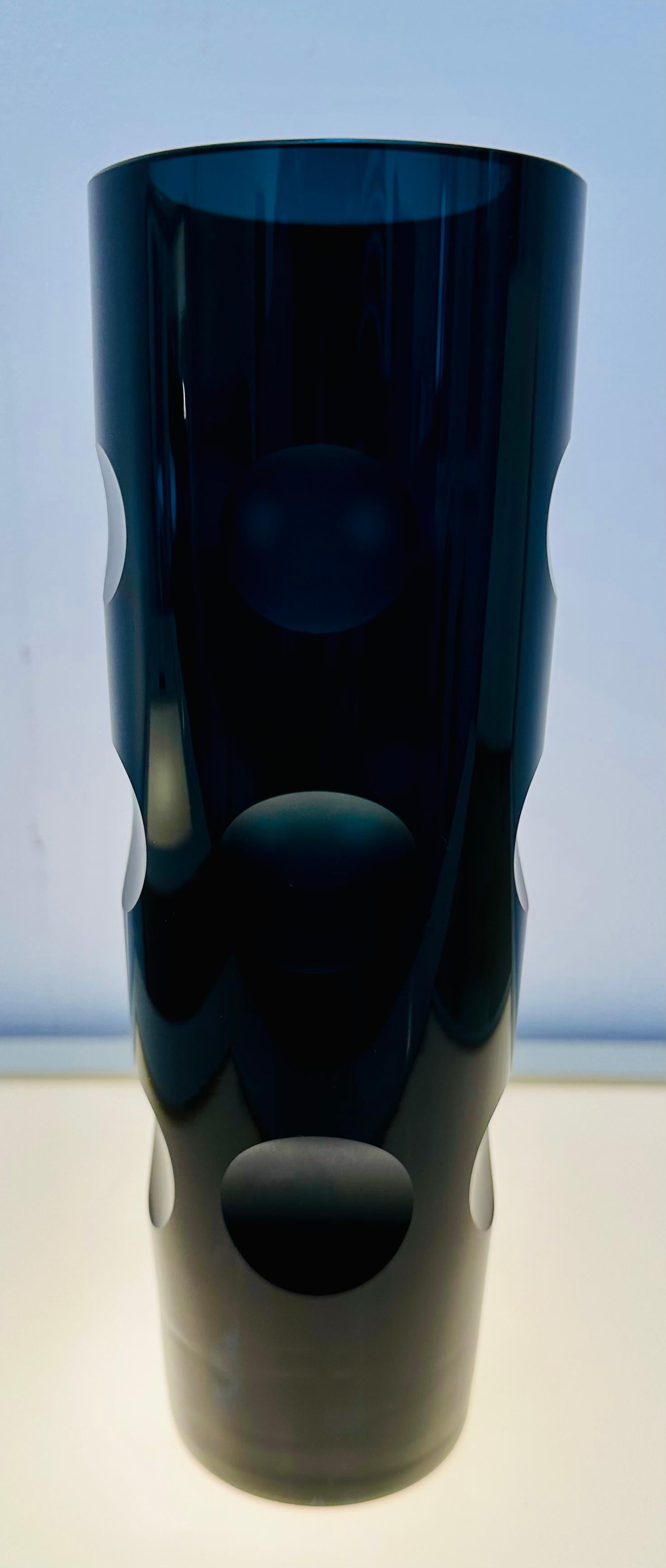 1960s German Friedrich Kristall Dark Blue 15 Concave Lens Cut Crystal Vase 1