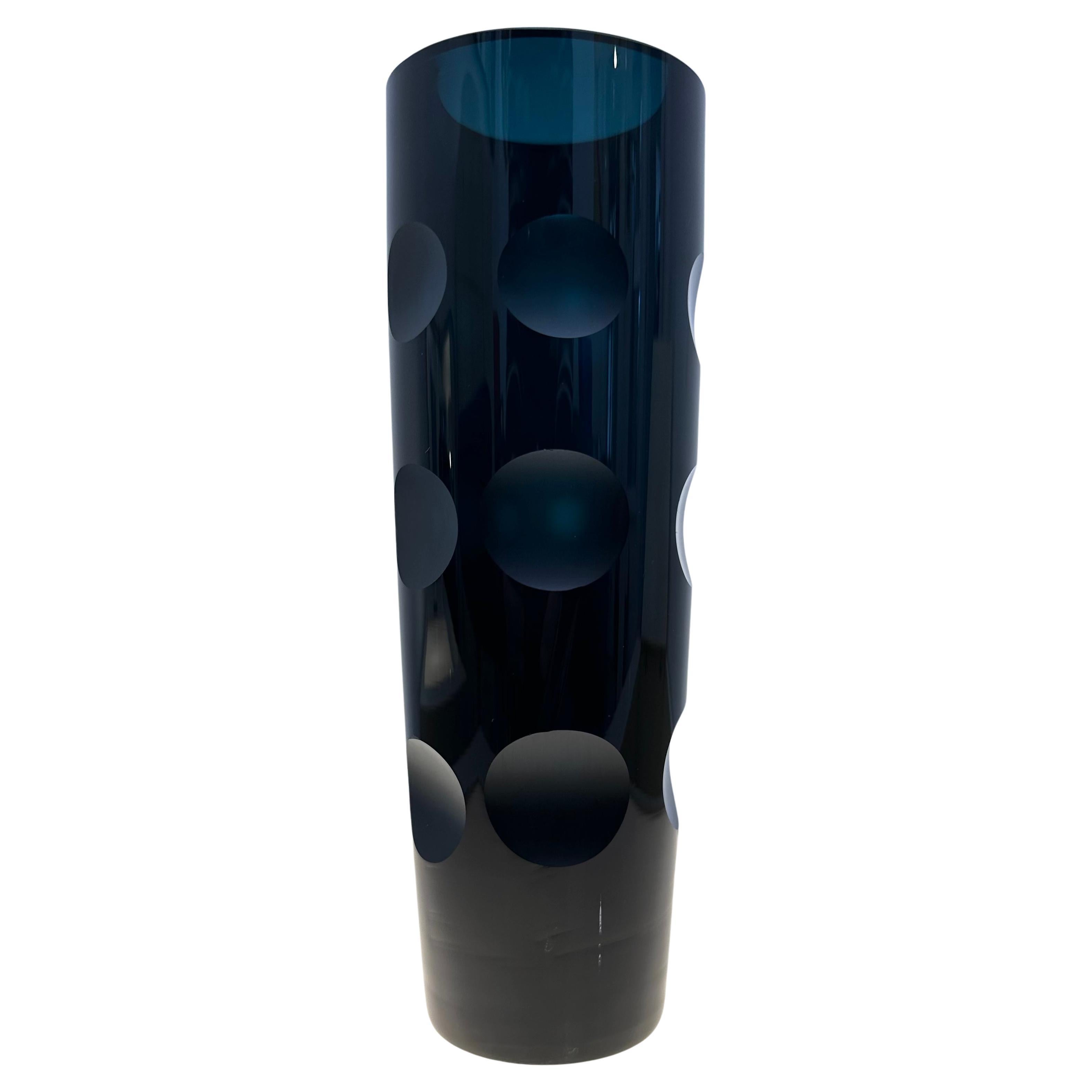 1960s German Friedrich Kristall Dark Blue 15 Concave Lens Cut Crystal Vase