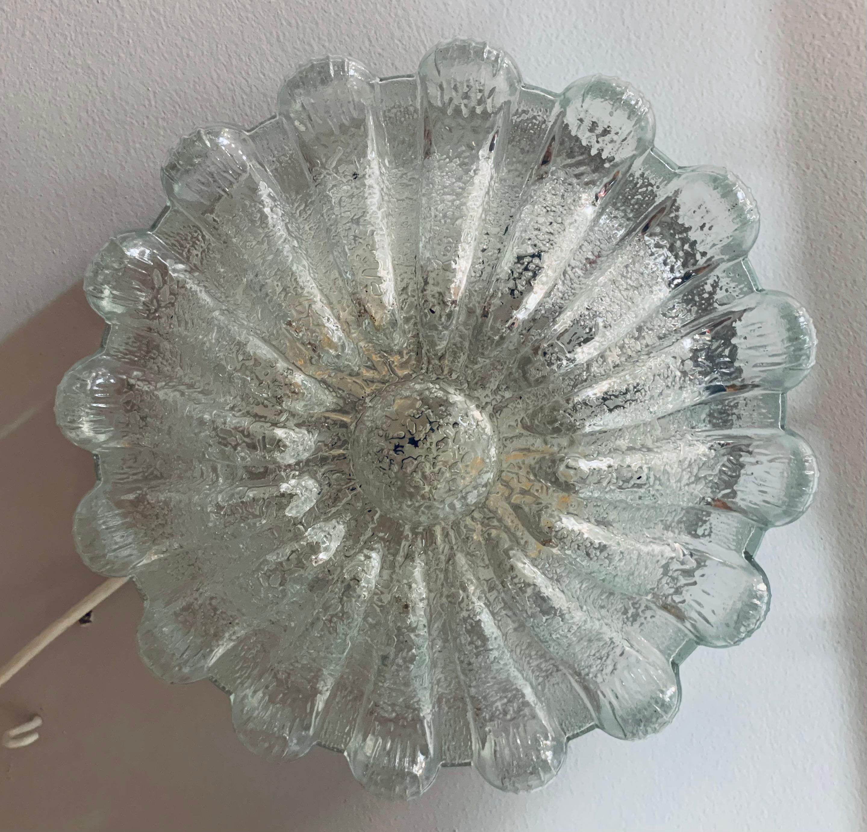 1960s, German Glashütte Limburg Frosted Flower Glass Flush Mount or Wall Light 4