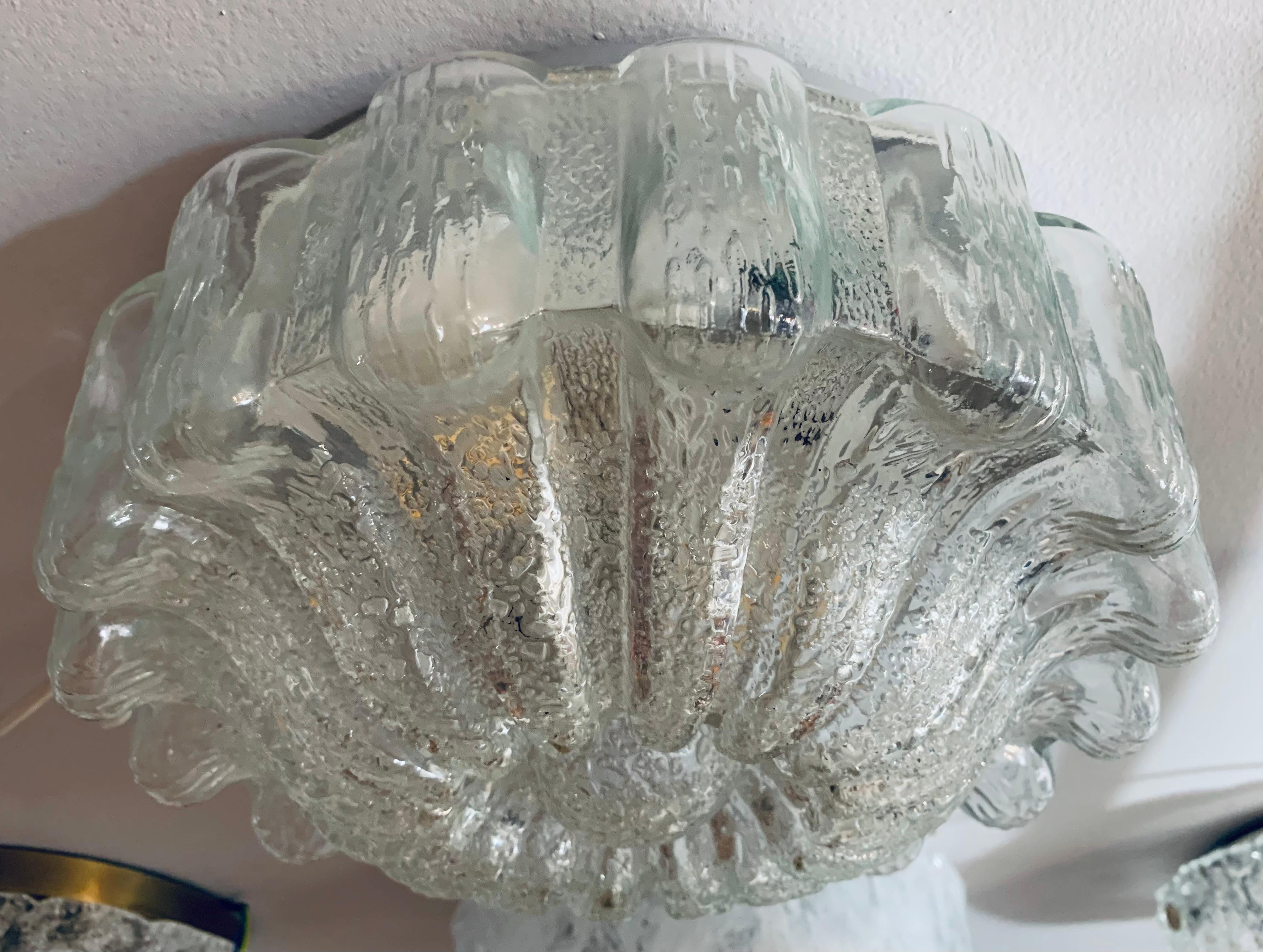 1960s, German Glashütte Limburg Frosted Flower Glass Flush Mount or Wall Light 7