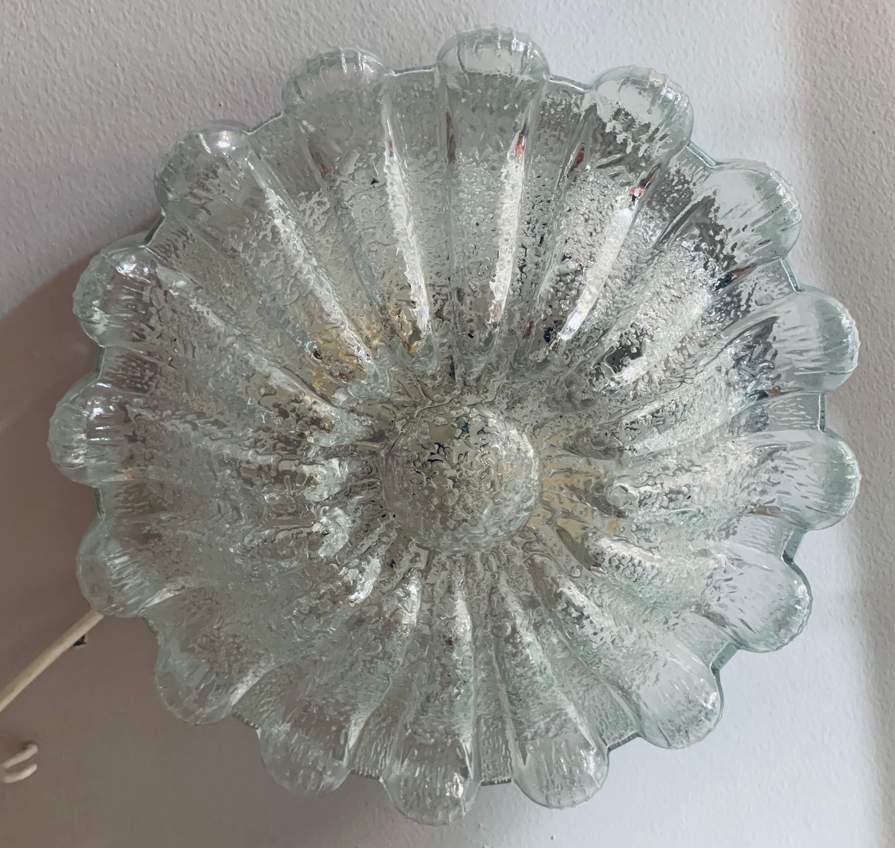 1960s, German Glashütte Limburg Frosted Flower Glass Flush Mount or Wall Light 10