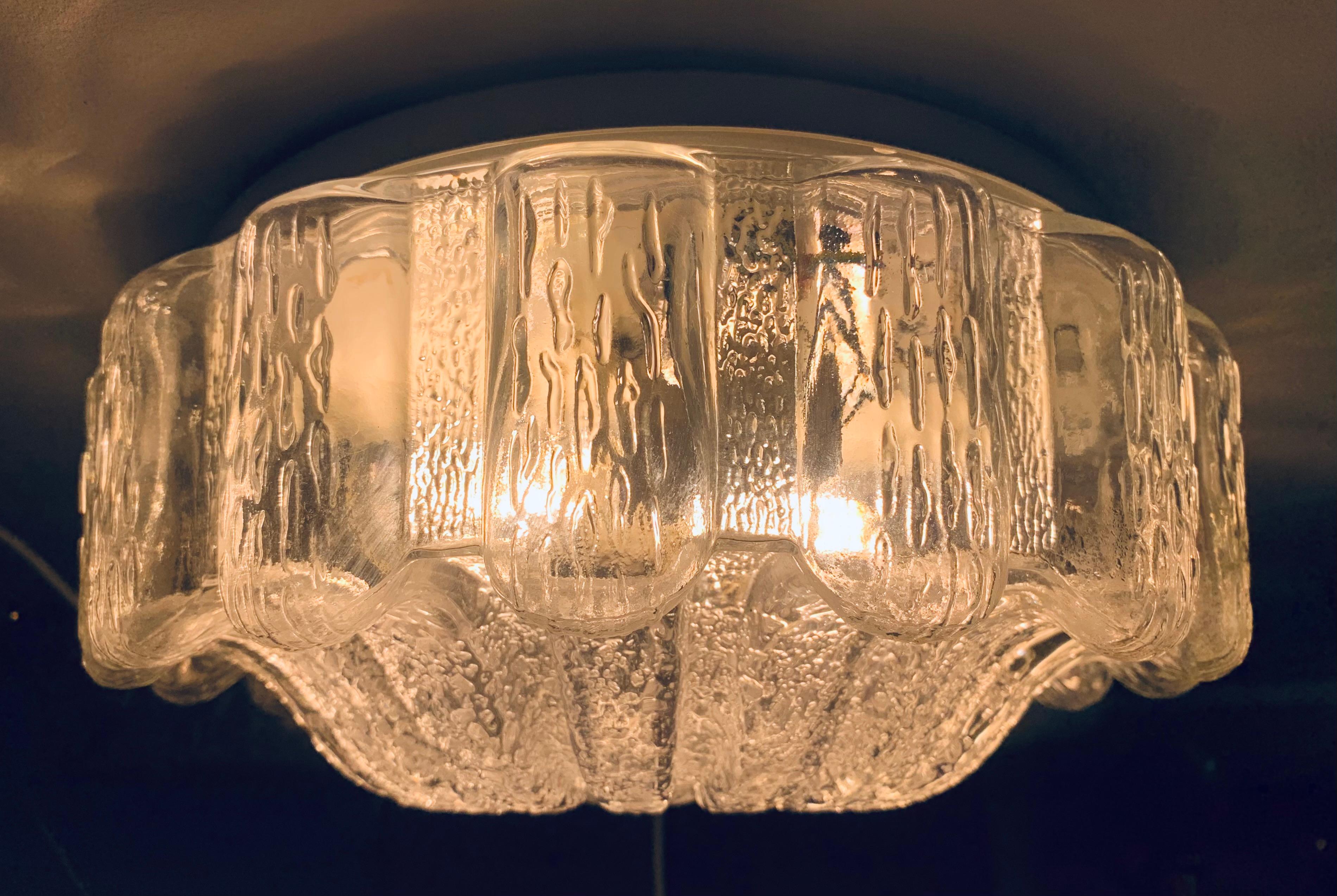 1960s, German Glashütte Limburg Frosted Flower Glass Flush Mount or Wall Light 1