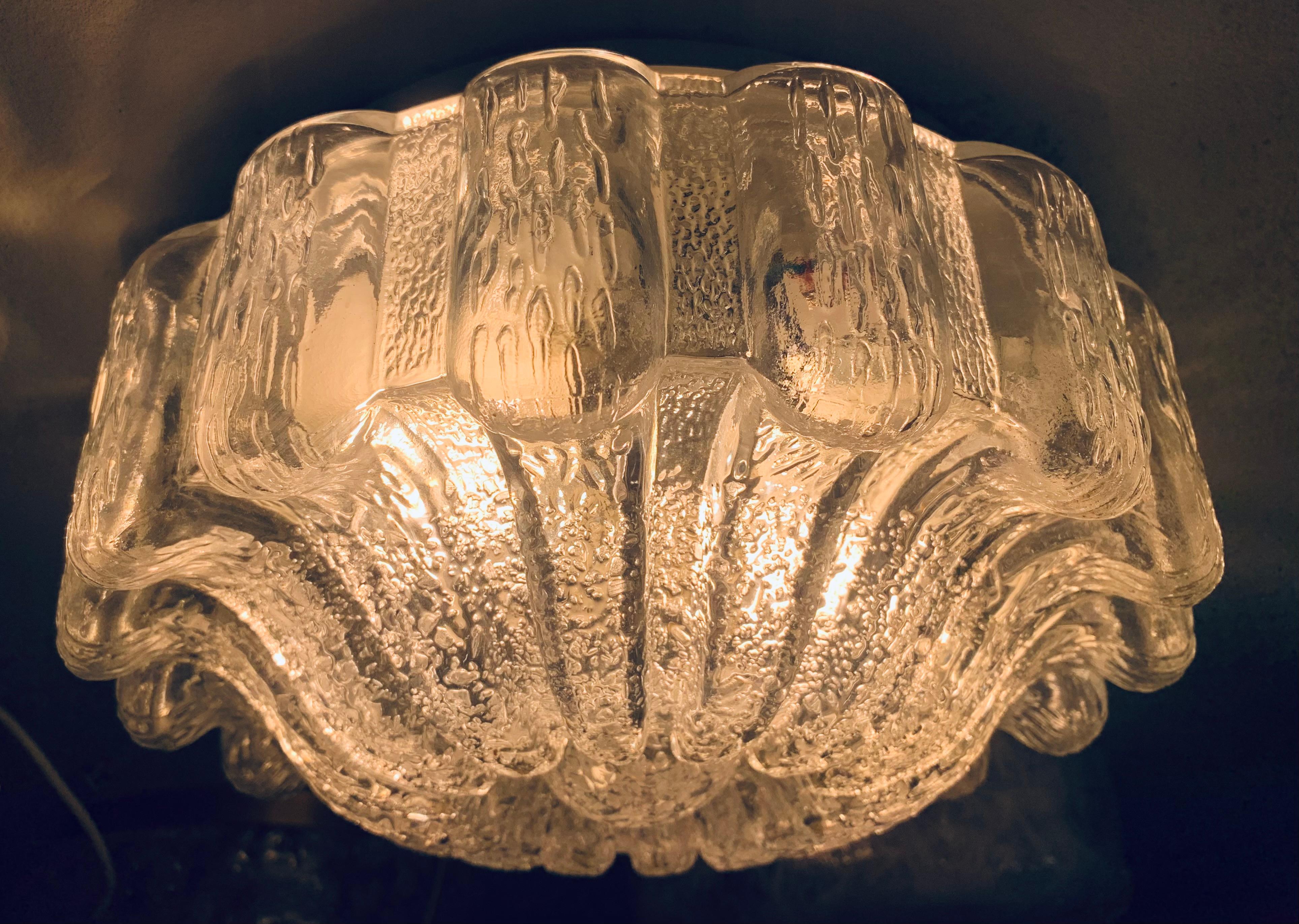 1960s, German Glashütte Limburg Frosted Flower Glass Flush Mount or Wall Light 2