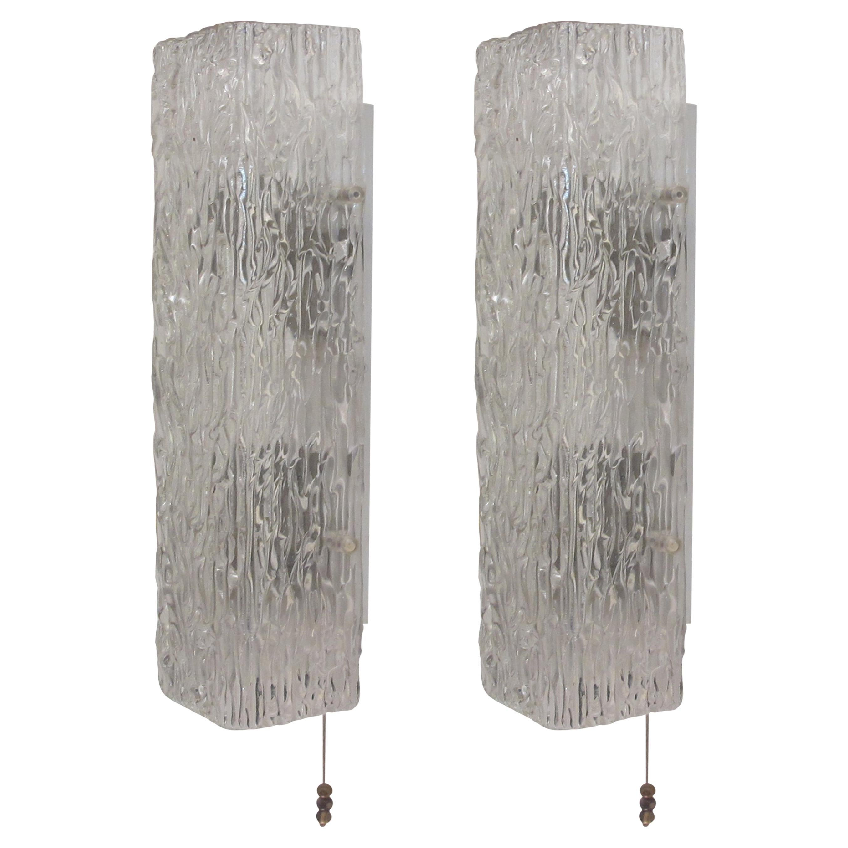 1960s German Ice Glass Pair of Large Rectangular Wall Lights by Kalmar