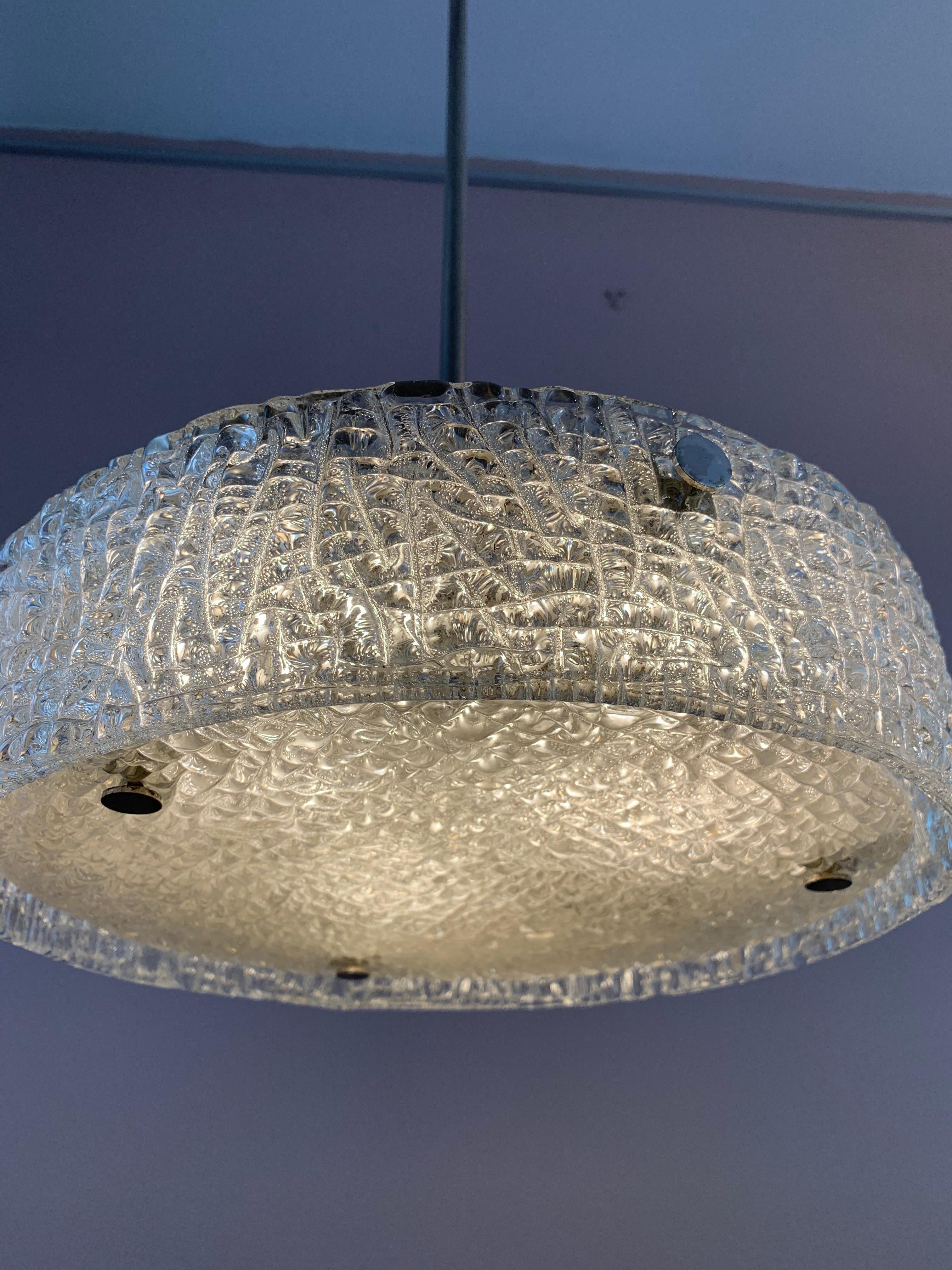 Mid-Century Modern 1960s German Kaiser Leuchten Textured Glass Round Ceiling Light or Flush Mount