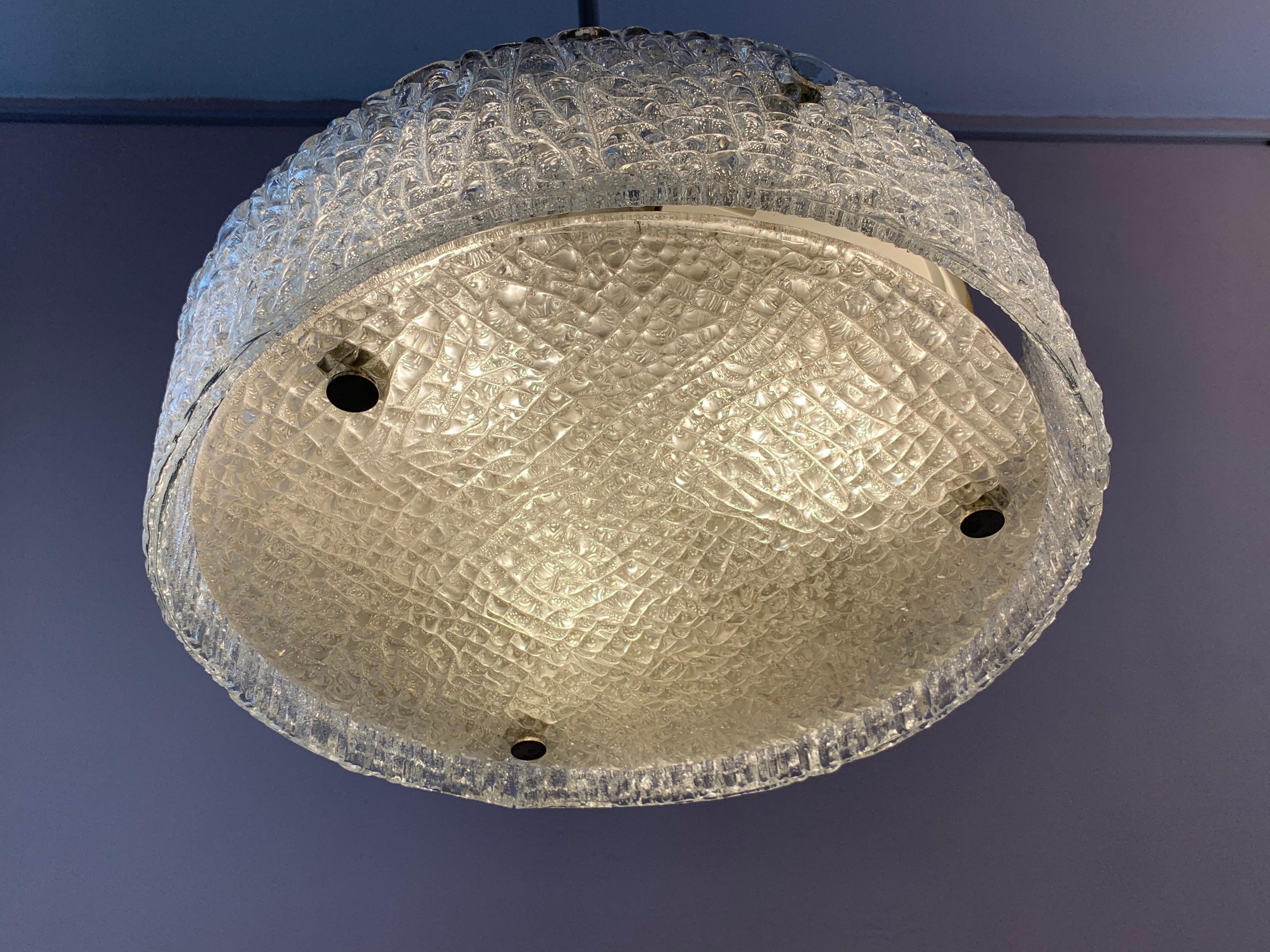 20th Century 1960s German Kaiser Leuchten Textured Glass Round Ceiling Light or Flush Mount