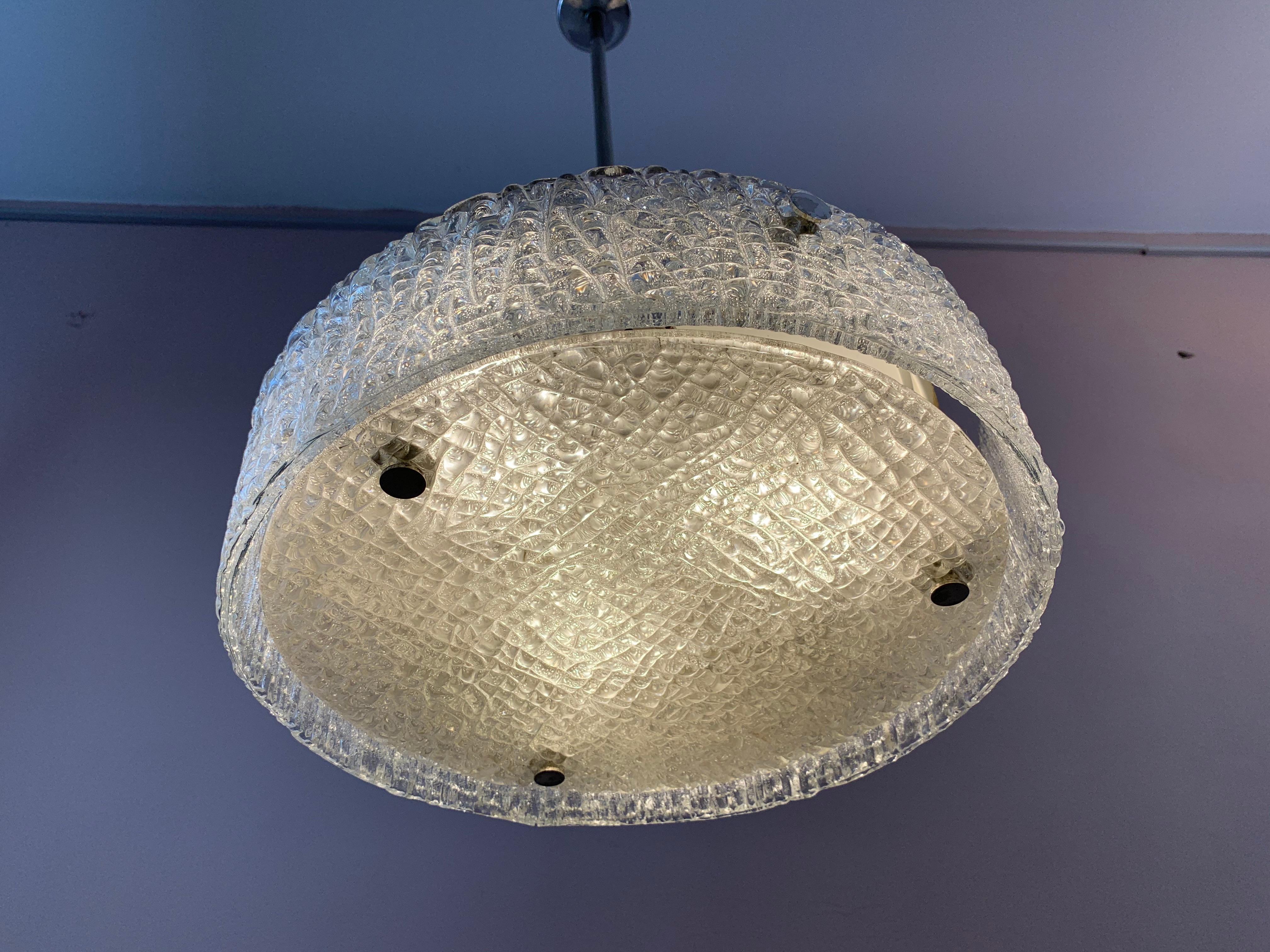 Metal 1960s German Kaiser Leuchten Textured Glass Round Ceiling Light or Flush Mount