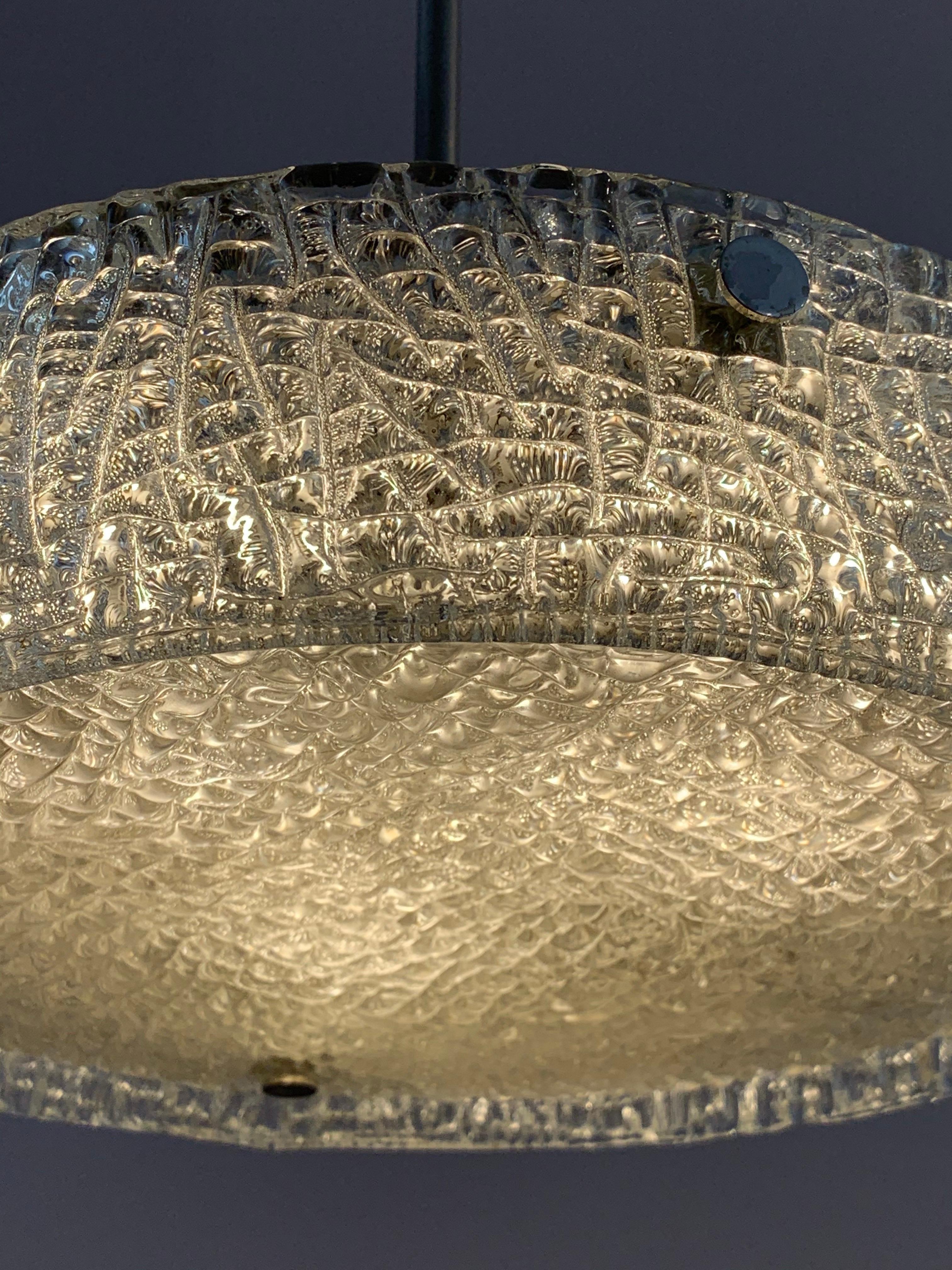 1960s German Kaiser Leuchten Textured Glass Round Ceiling Light or Flush Mount 1